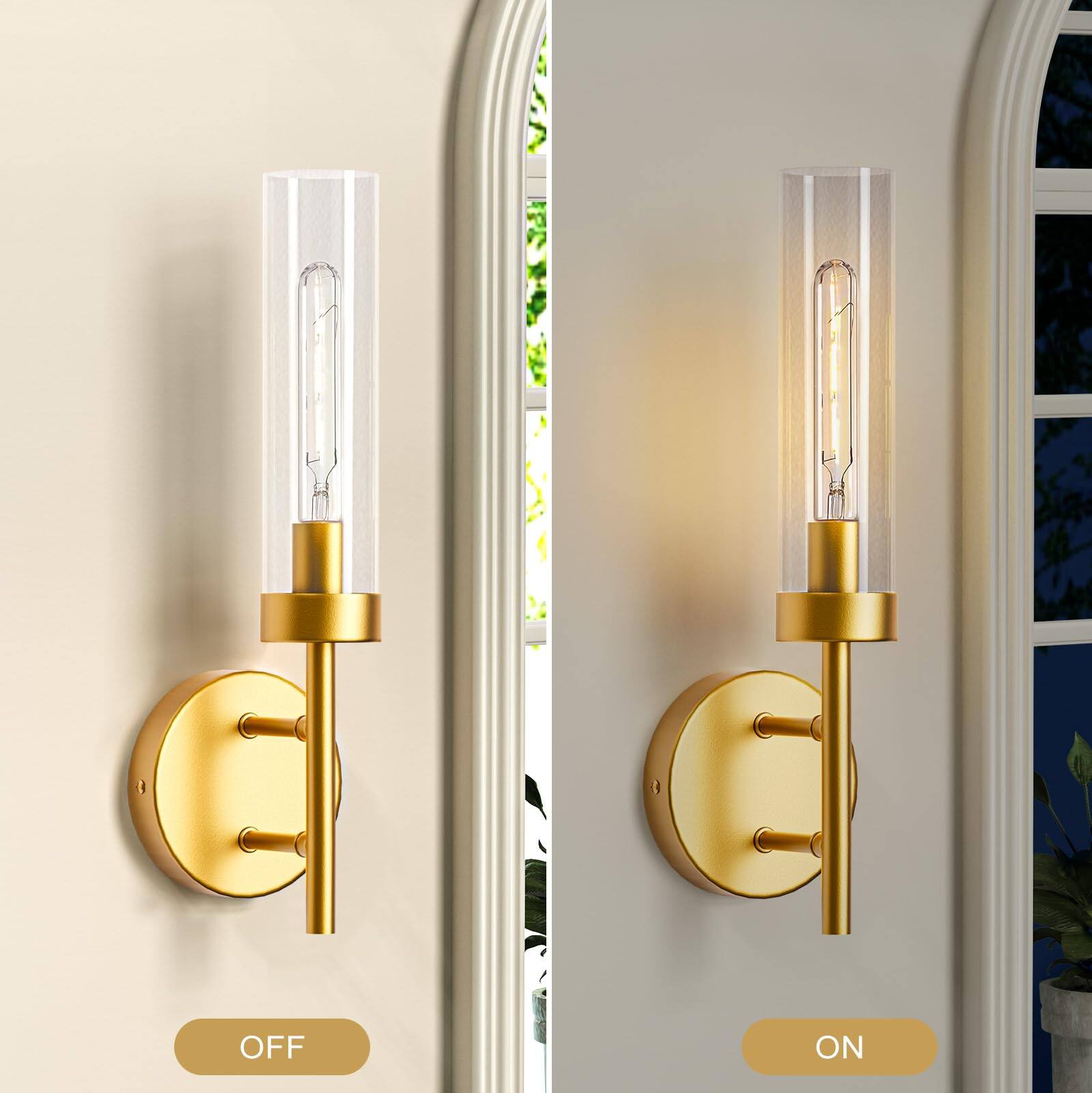 Back. E.P. Light - Set of 2 Modern Wall Sconces with Glass Lampshade - Yellow Gold.