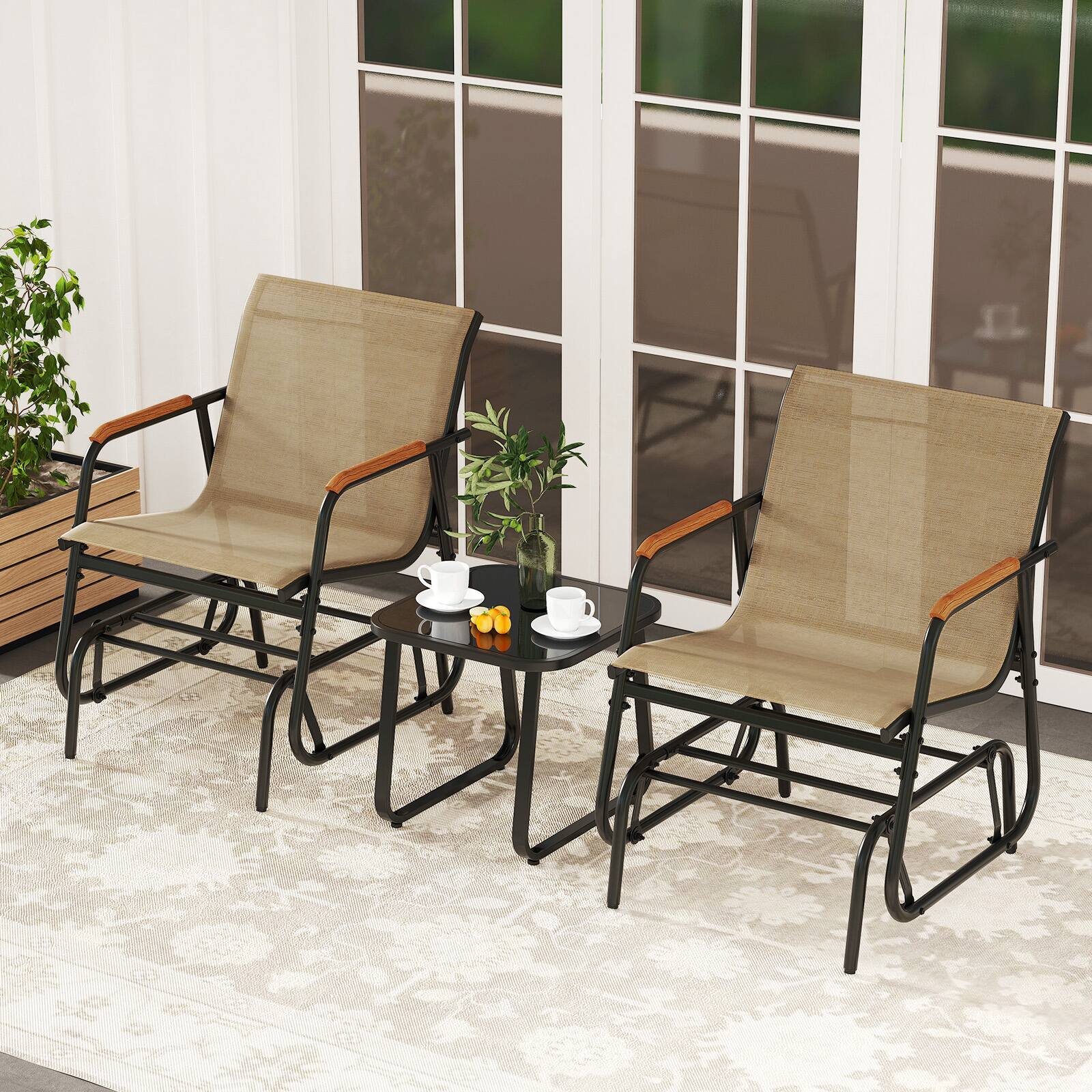 Alt View 1. Gymax - Gymax 3 Piece Outdoor Gliding Set w/ Tempered Glass Coffee Table Teak Wood Armrests - Black, Brown.