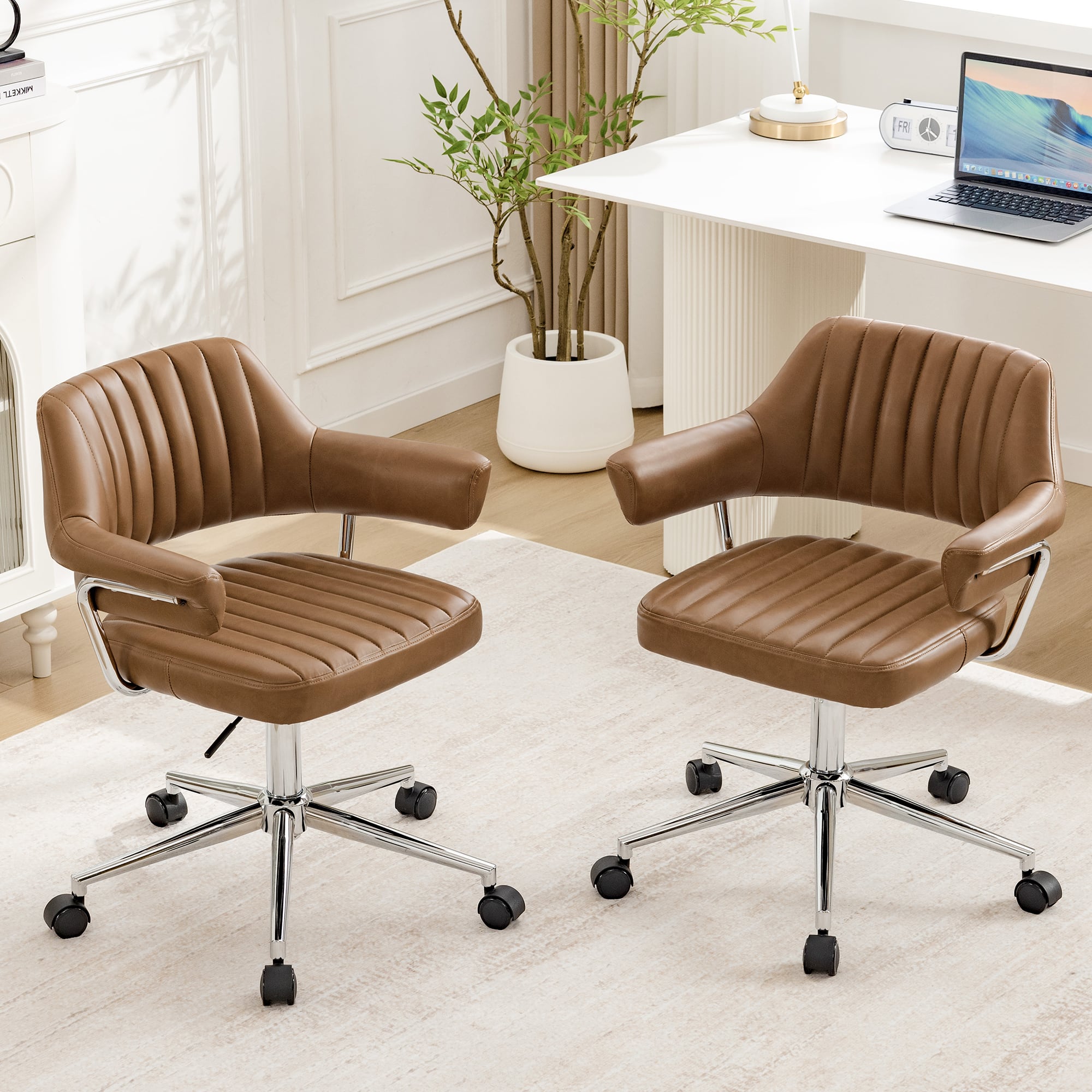 KERDOM - Swivel Upholstery Vanity Chair with Arms, Adjustable Height Desk Chair for Home Office Study Makeup Dresser, PU Leather - Camel-2PCS