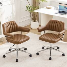 KERDOM - Swivel Upholstery Vanity Chair with Arms, Adjustable Height Desk Chair for Home Office Study Makeup Dresser, PU Leather - Camel-2PCS