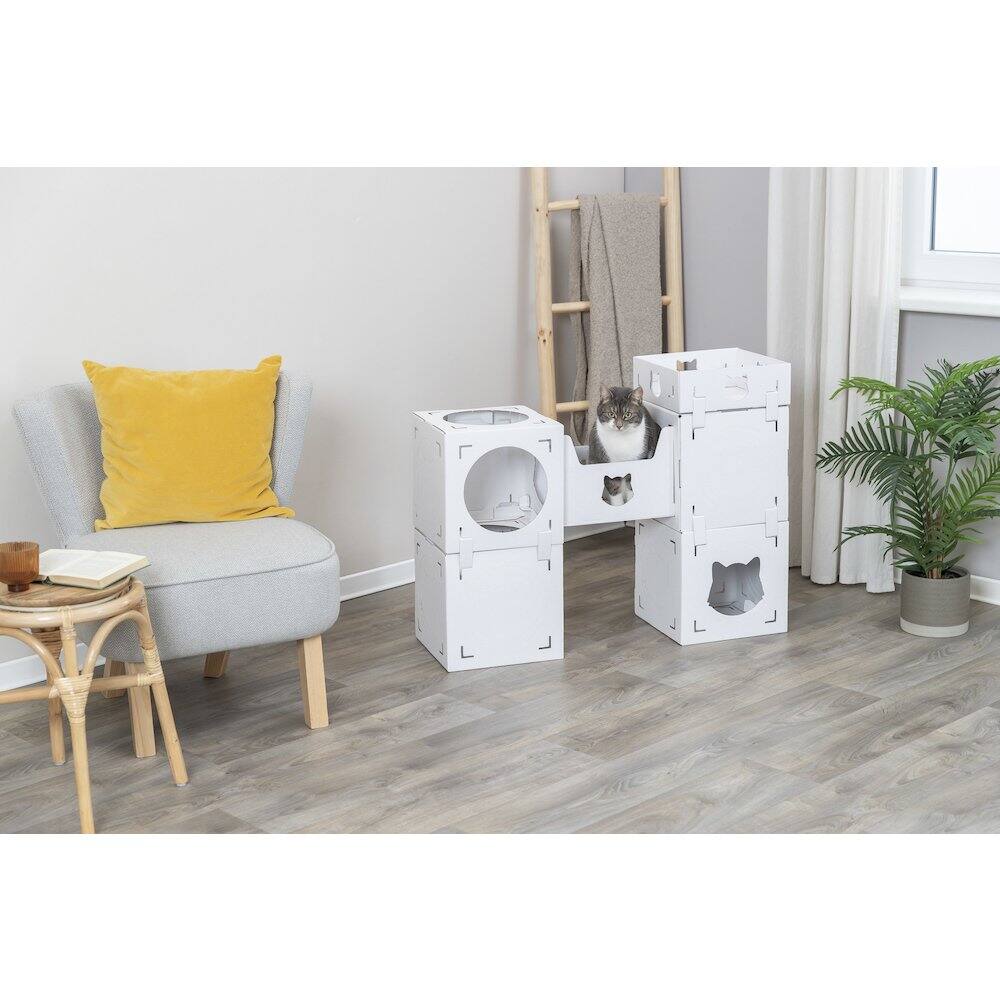 Left. TRIXIE - Casa Cara Indoor Modular Cardboard Cat Condo, Cat Play Tower - White.