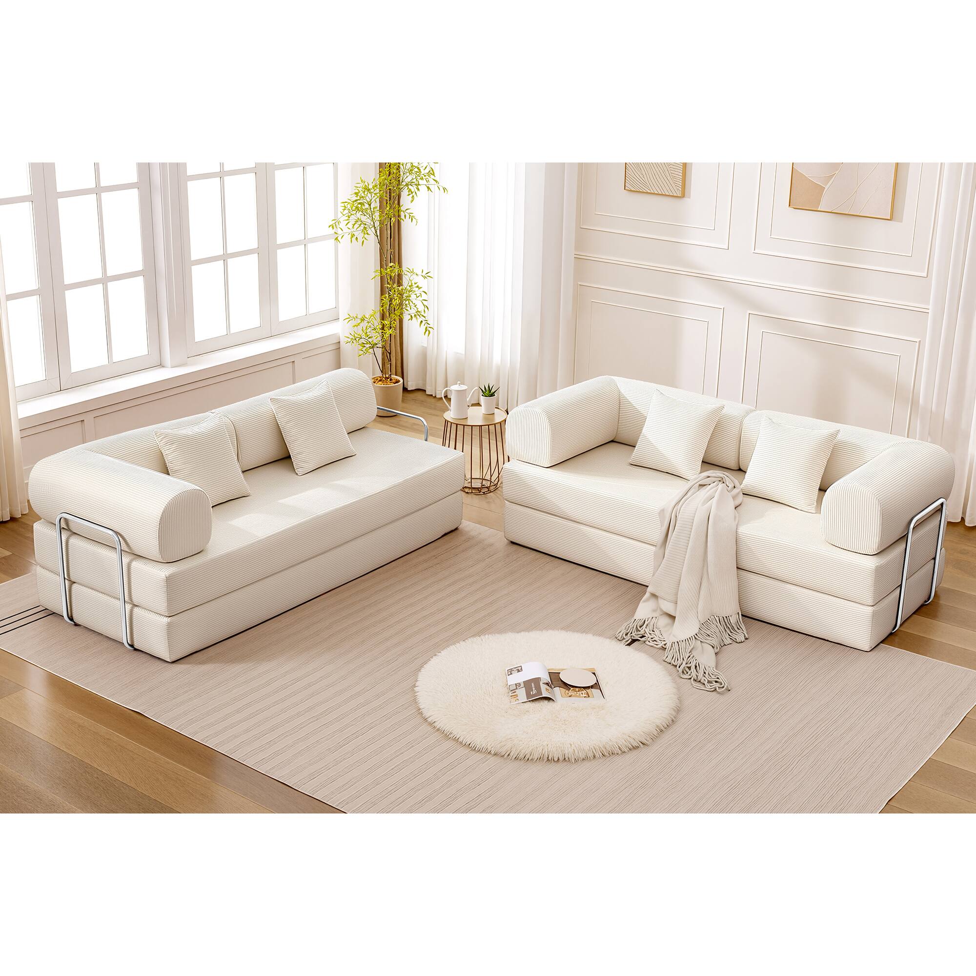 Alt View 9. KERDOM - Upholstered L Shaped Modular Sofa Bed with Chaise, Corduroy Folding Floor Convertible Sofa Couch Bed for Living Room - Beige.