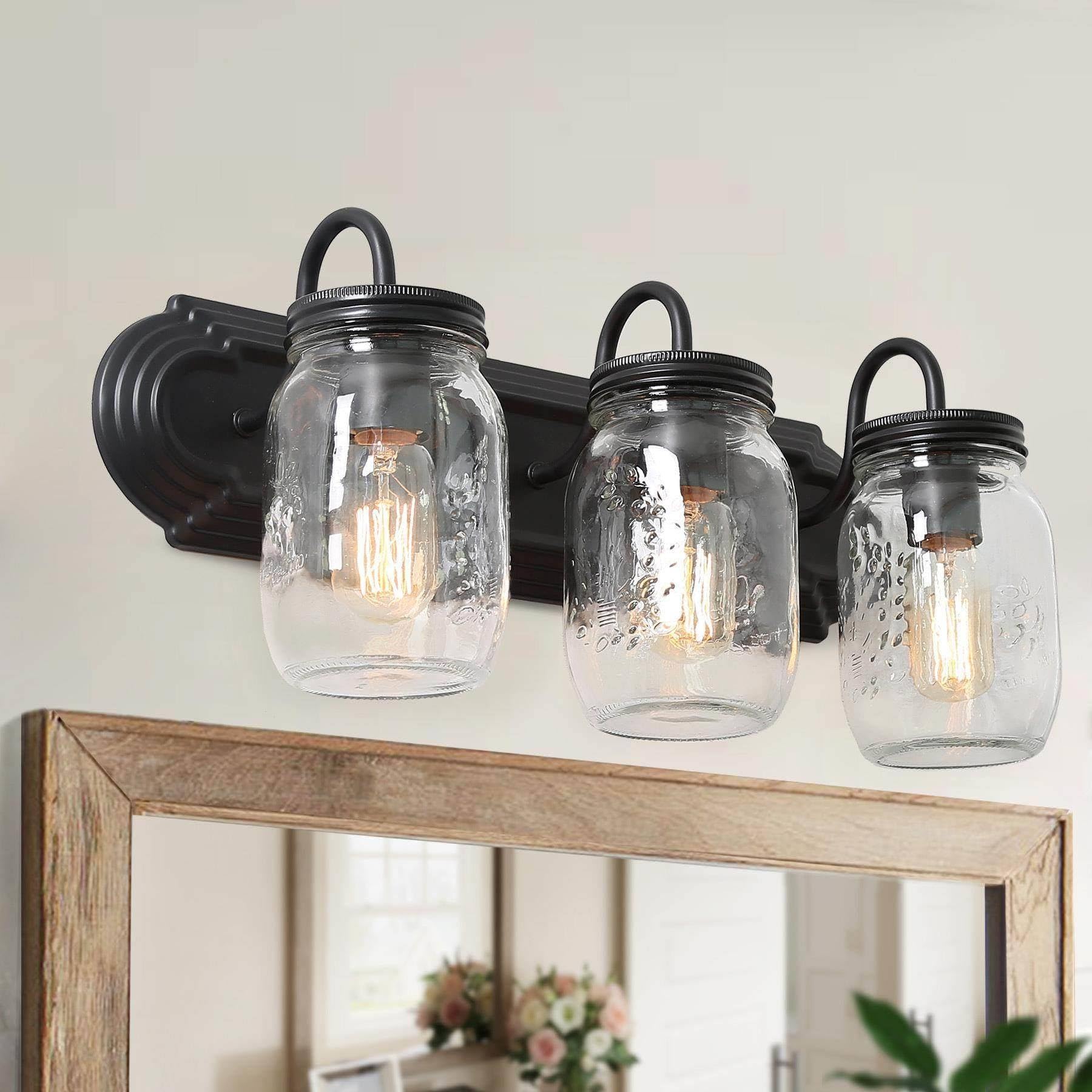 Front. Cedar Assembly - Bathroom Vanity Light Fixtures Mason Jar Lights For Farmhouse Over Mirror - Black 3-Light Mason Jar Vanity Light.