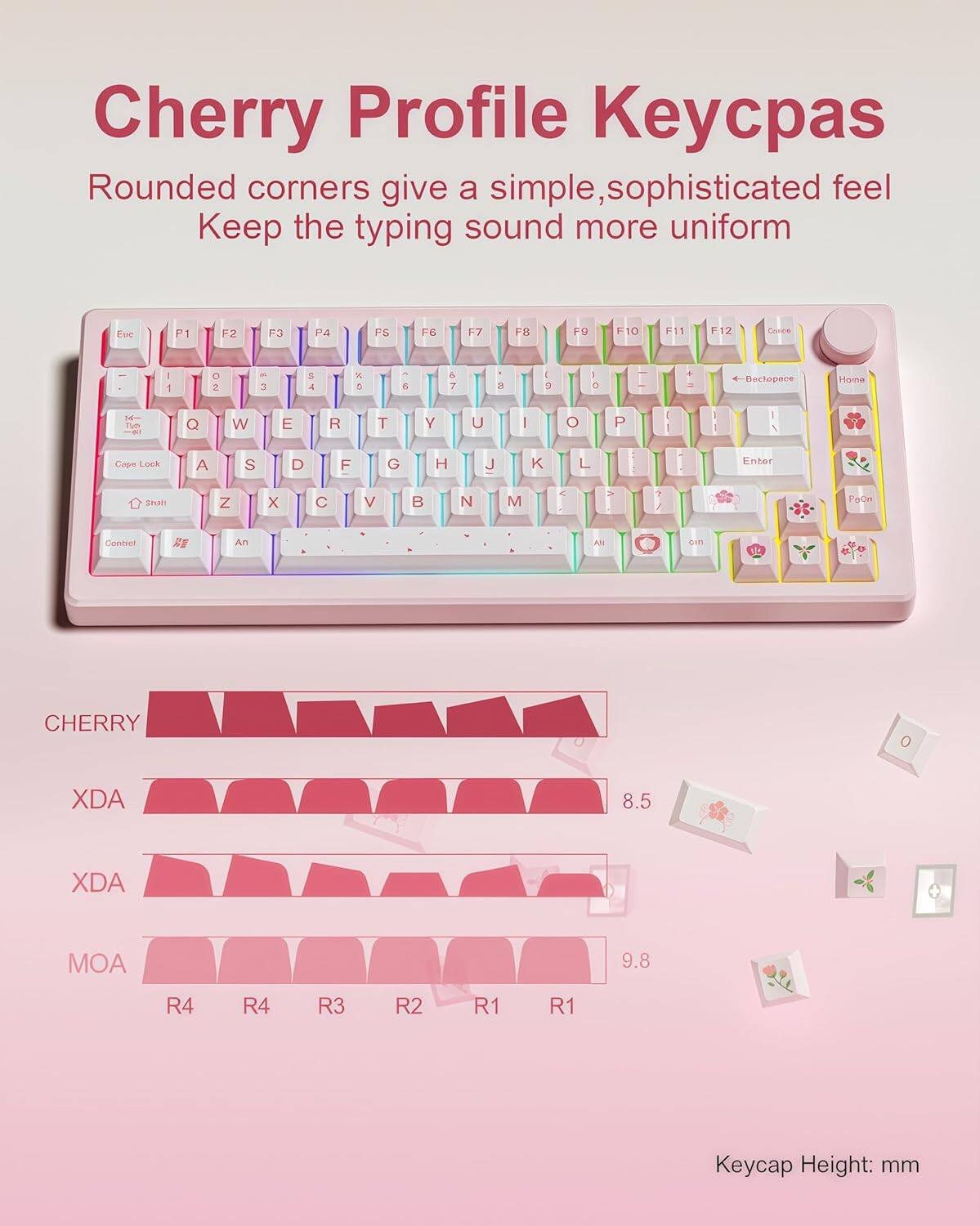 Cherry Profile Keycaps

Rounded corners give a simple, sophisticated feel. Keep the typing sound more uniform.

Eu P1 F2 F3 F4 FS F6 F7 F8 F9 F10 F11 F12 Conce - - O 2 3 4 x - . & 7 . 4 D 1 O + Bectopoce Hima 1 Fum Q W E R T Y U I O P - I 1 I I Cape Lock A S D F G H J K L Enter shaft Z x C V N M < - 2 / Parca Contet A l O te

CHERRY XDA 8.5 XDA MOA 9.8 R4 R4 R3 R2 R1 R1

Keycap Height: mm