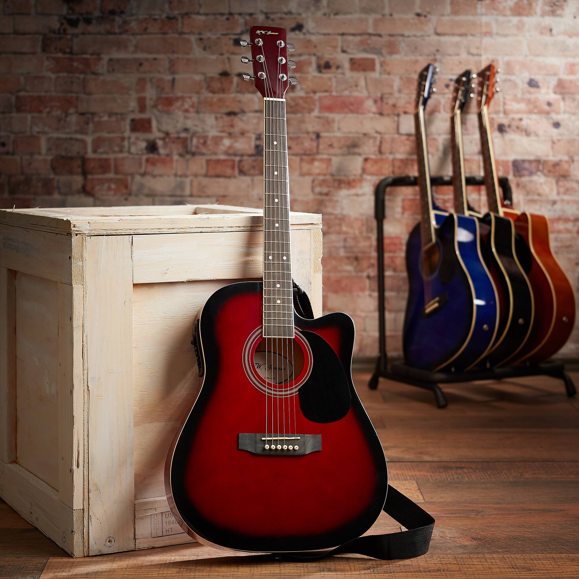 Alt View 6. Jameson Guitars - Thinline Cutaway Acoustic Electric Guitar with Gig Bag - Right Handed - Red.