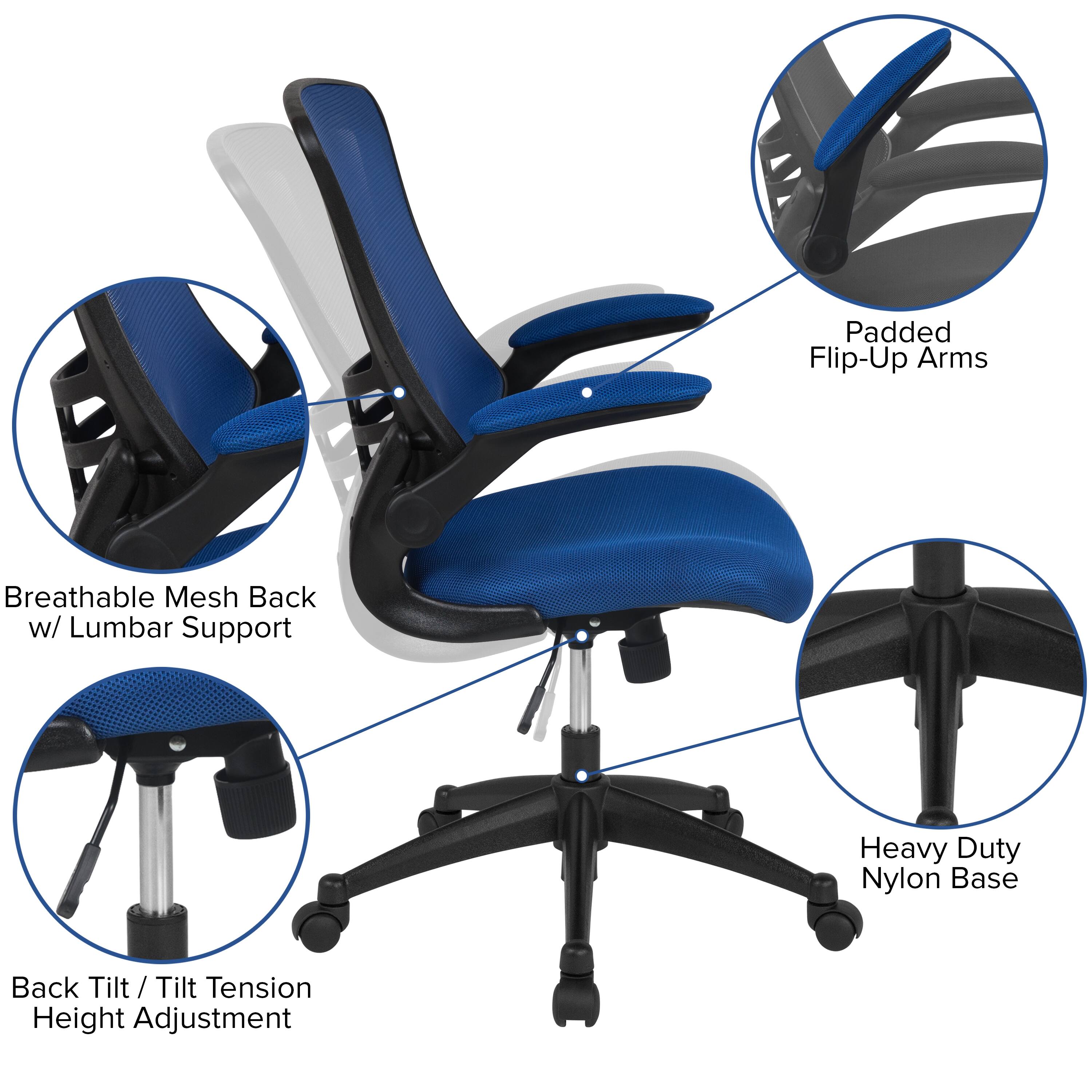 Padded Flip-Up Arms  
Breathable Mesh Back w/ Lumbar Support  
Heavy Duty Nylon Base  
Back Tilt / Tilt Tension Height Adjustment