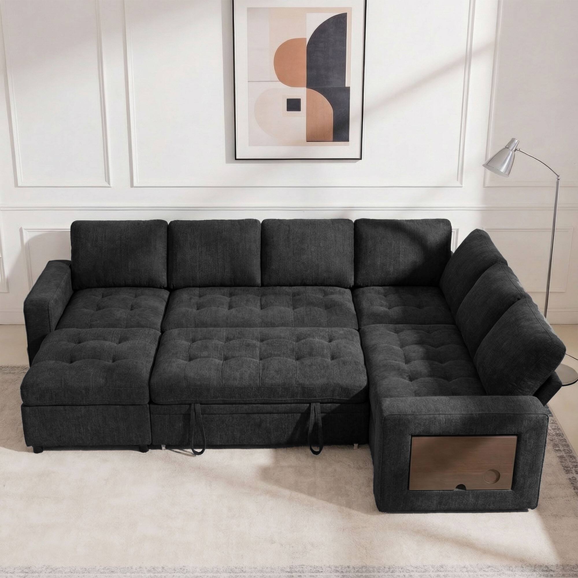 Alt View 4. Dyonery - Dyonery 7-Seat Modular Sectional Sleeper Sofa with Pull-Out Bed, Reclining Backrest, USB Ports, Table, LED Lights ,Black - Black.