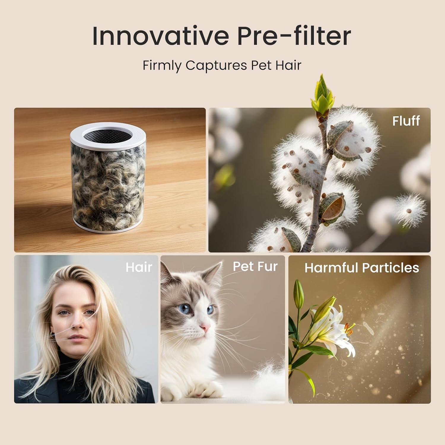 Innovative Pre-filter  
Firmly Captures Pet Hair

- Fluff
- Hair
- Pet Fur
- Harmful Particles