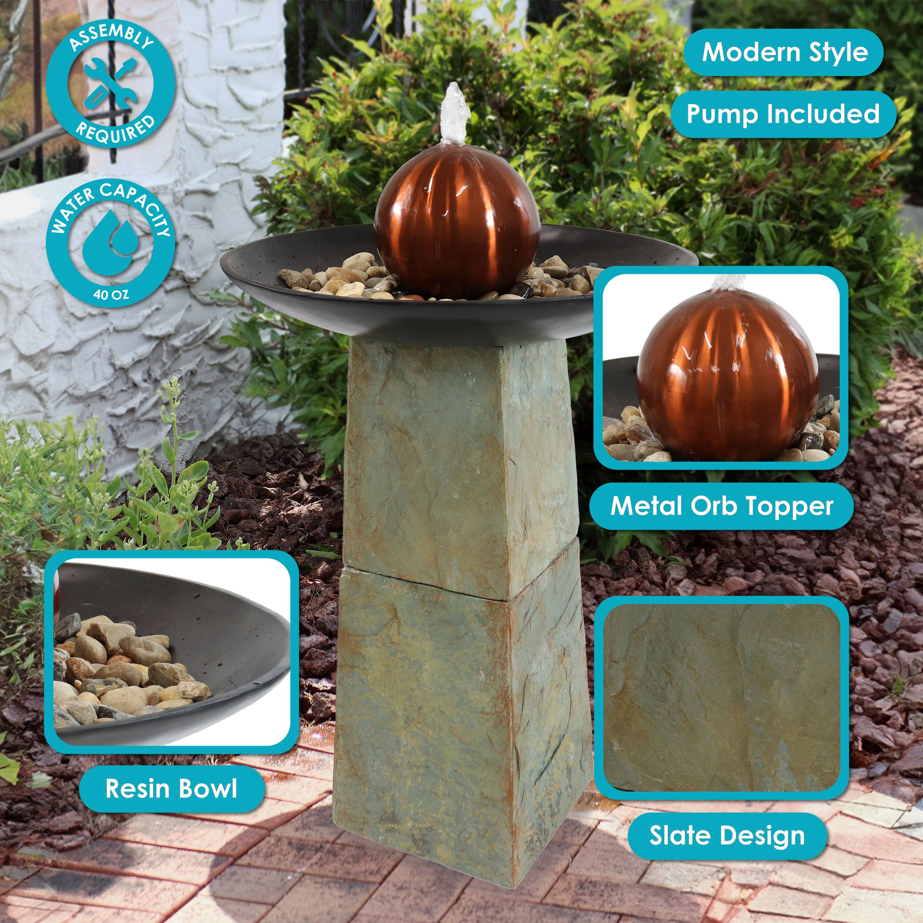 - Assembly Required
- Modern Style
- Pump Included
- Water Capacity: 40 oz
- Metal Orb Topper
- Resin Bowl
- Slate Design