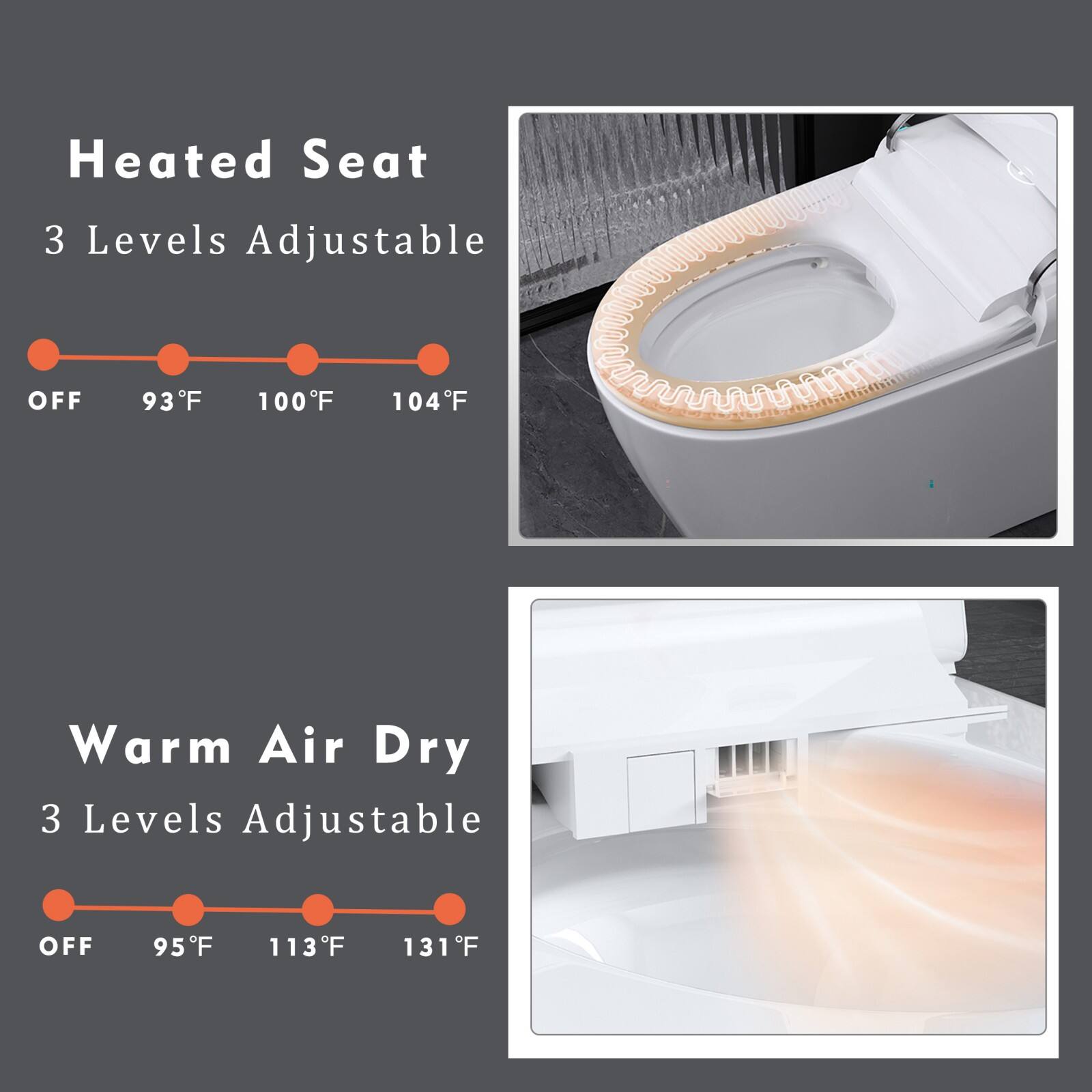 Heated Seat  
3 Levels Adjustable  
OFF 93°F 100°F 104°F  

Warm Air Dry  
3 Levels Adjustable  
OFF 95°F 113°F 131°F