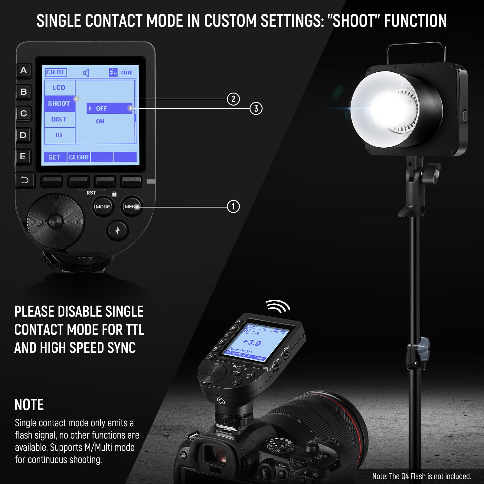 SINGLE CONTACT MODE IN CUSTOM SETTINGS: "SHOOT" FUNCTION

A CH 01 H OIEE  
LCD SHOOT DIST OFF ON 2 3 D ID E SET CLEAR  
RST MODE MENE 1

PLEASE DISABLE SINGLE CONTACT MODE FOR TTL AND HIGH SPEED SYNC

NOTE  
Single contact mode only emits a flash signal, no other functions are available. Supports M/Multi mode for continuous shooting.

Note: The Q4 Flash is not included.