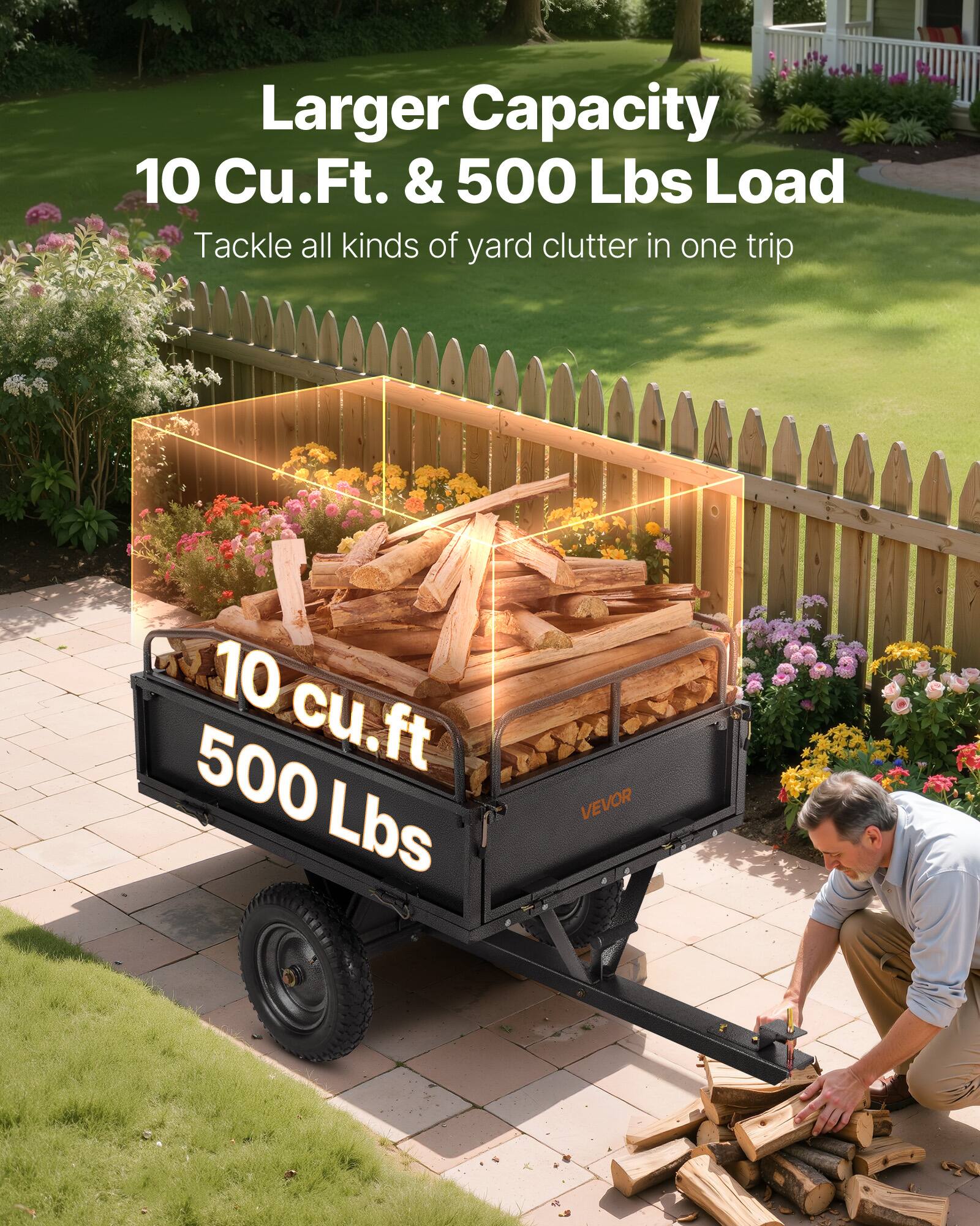 Larger Capacity  
10 Cu.Ft. & 500 Lbs Load  
Tackle all kinds of yard clutter in one trip  

10 cu.ft  
500 Lbs  

VEVOR
