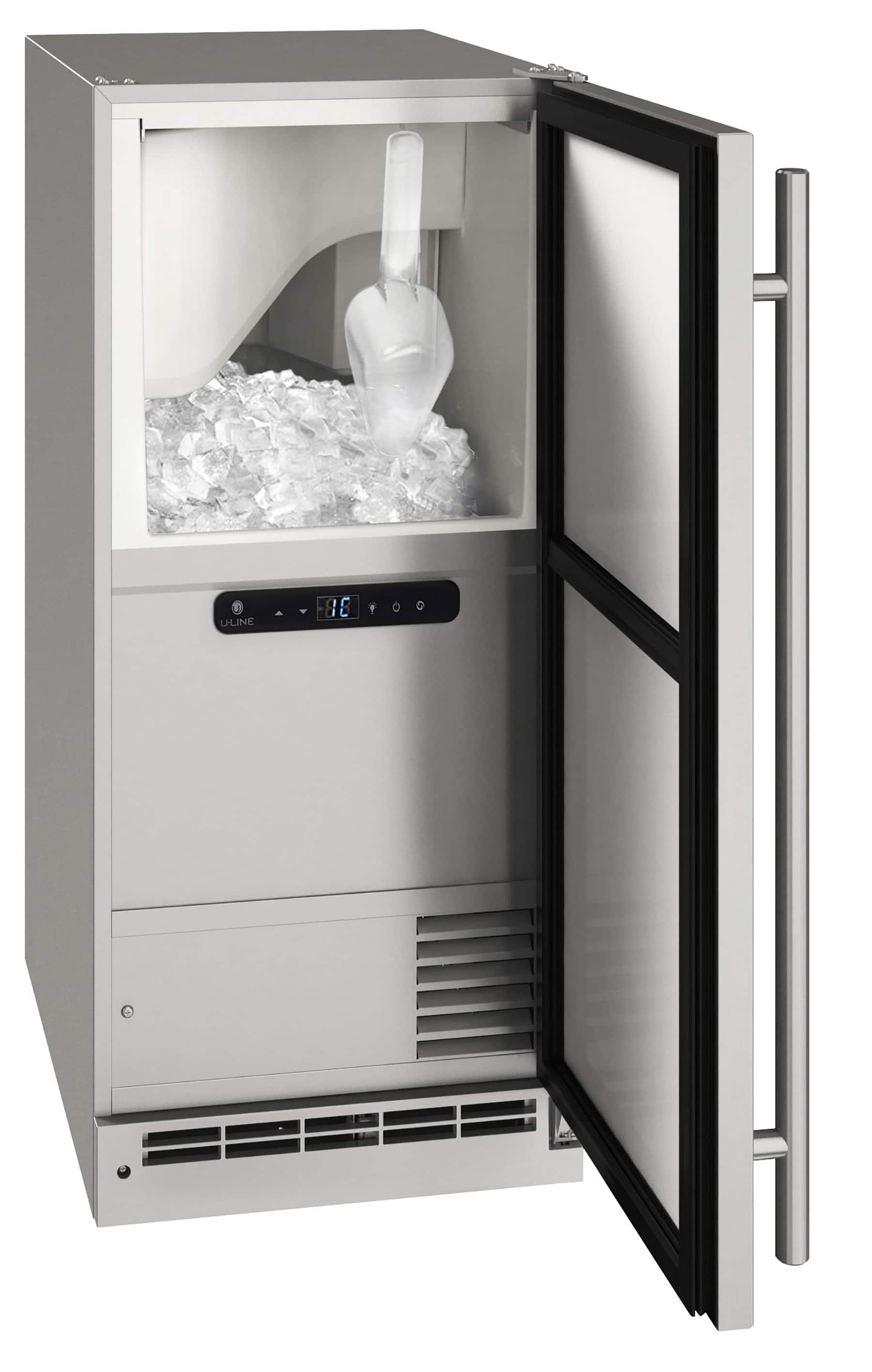 Left. U-Line - 15" 55-lb Freestanding Icemaker - Stainless Steel.