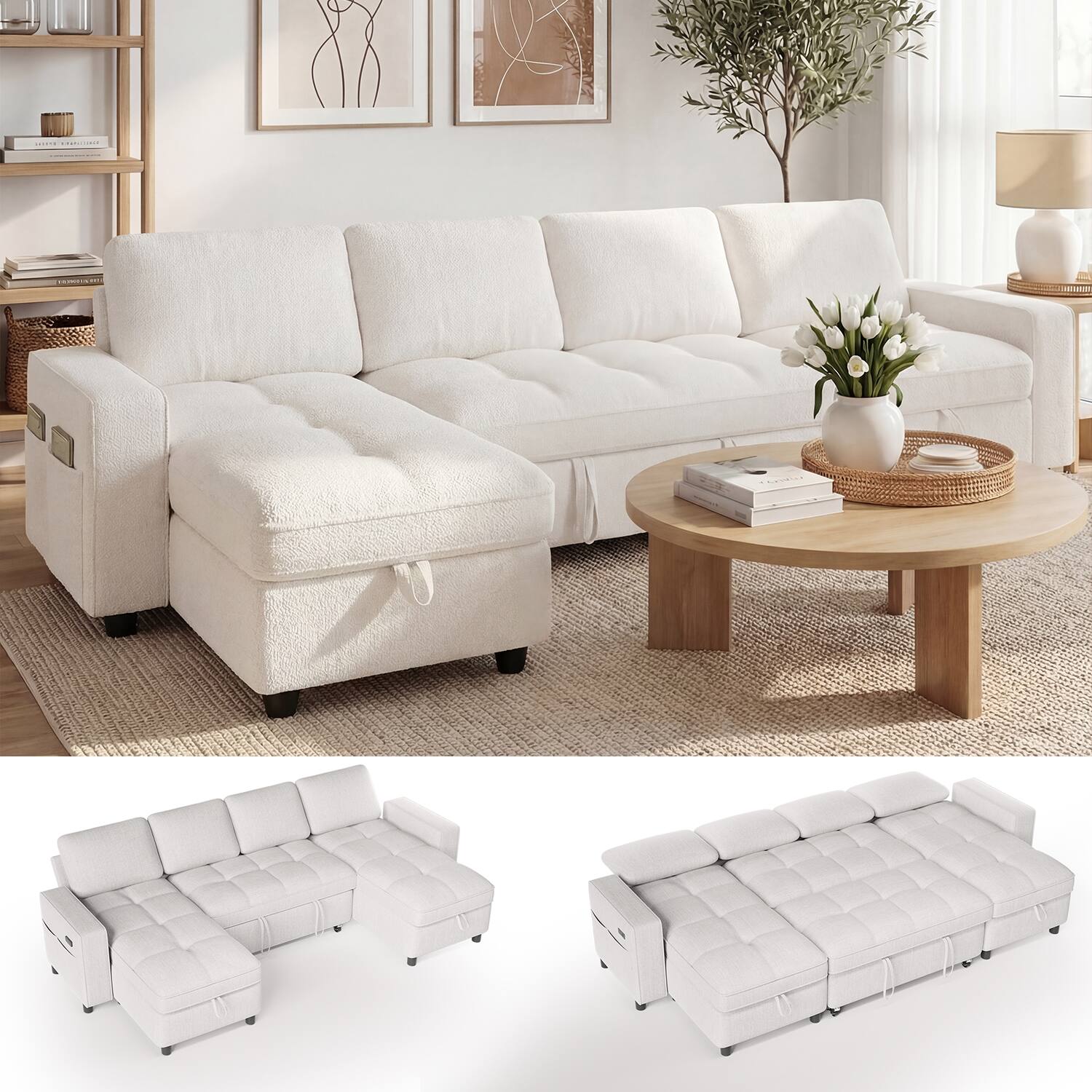Front. Dyonery - Dyonery 104" U-Shaped Sleeper Sofa Bed with Pull-Out, Storage Chaise, 5-Position Backrest & USB Ports, Chenille Beige - Chenille + Beige.
