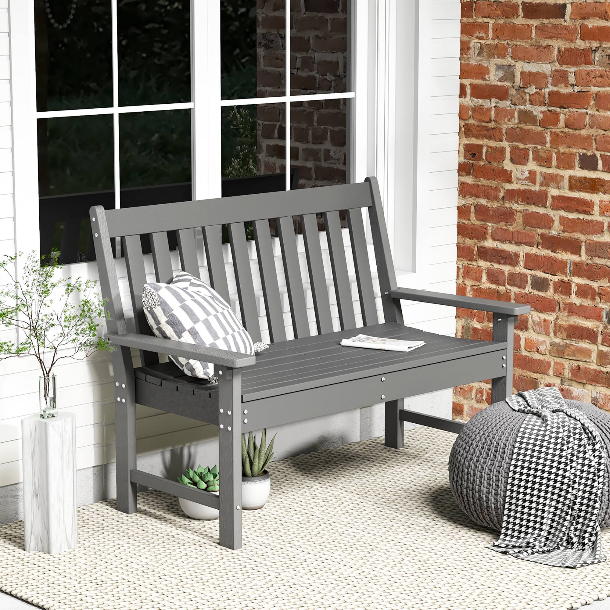Alt View 1. Gymax - Gymax Garden Bench All-Weather HDPE 2-Person Outdoor Bench for Front Porch Backyard - Gray.