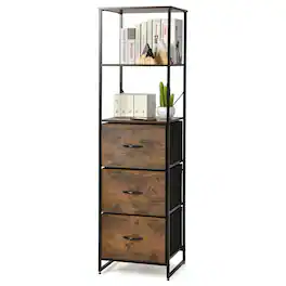 Ecooso - Tall Storage Bookshelf Rack with 3 Folding Drawers and 3 Open Shelves - Rustic Brown