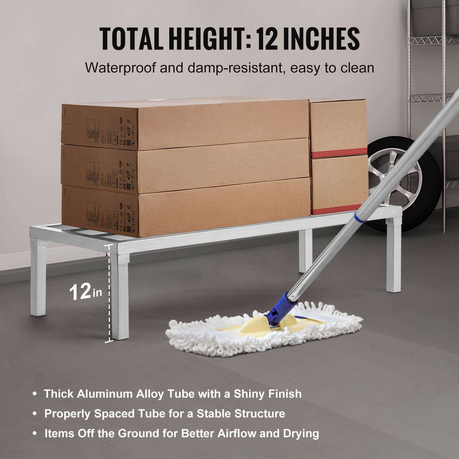 TOTAL HEIGHT: 12 INCHES  
Waterproof and damp-resistant, easy to clean  

- Thick Aluminum Alloy Tube with a Shiny Finish  
- Properly Spaced Tube for a Stable Structure  
- Items Off the Ground for Better Airflow and Drying