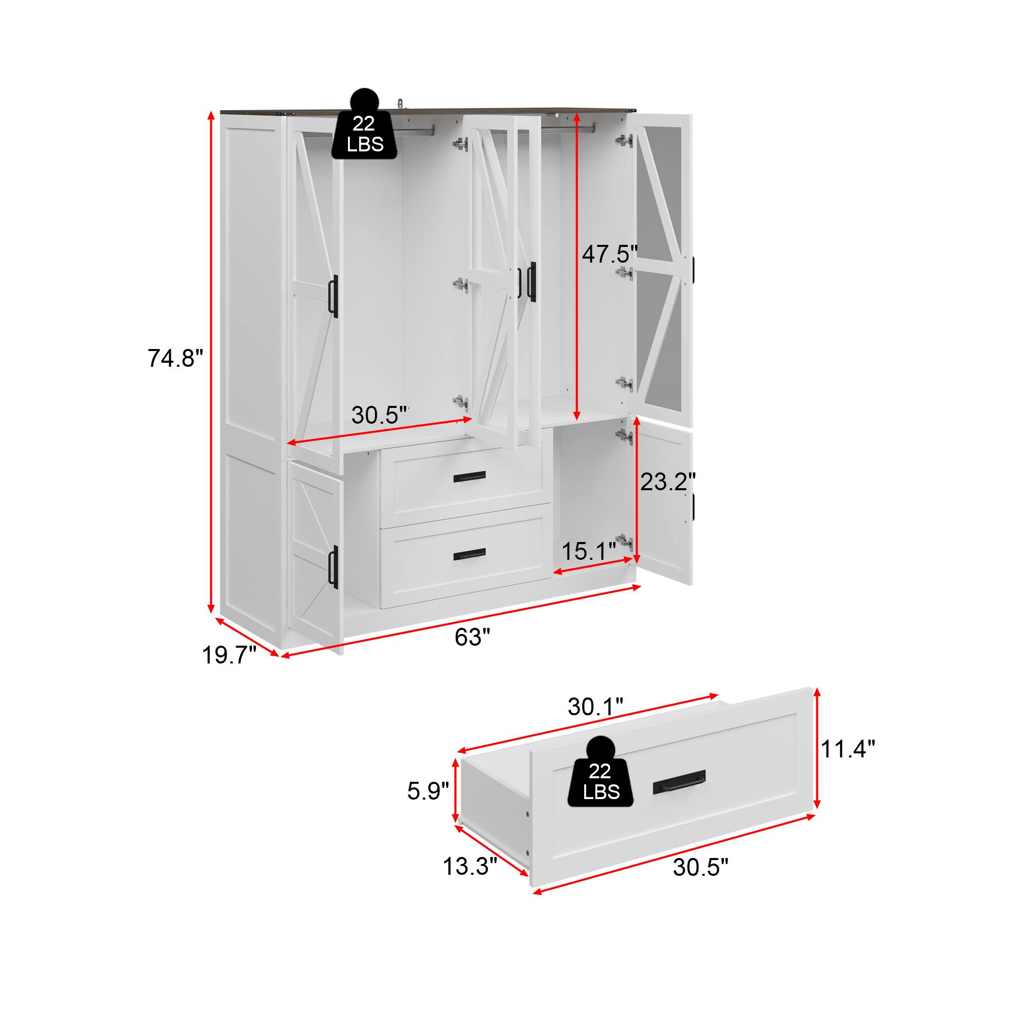 22 LBS  
47.5"  
74.8"  
30.5"  
23.2"  
15.1"  
19.7"  
63"  
30.1"  
5.9"  
11.4"  
13.3"  
30.5"