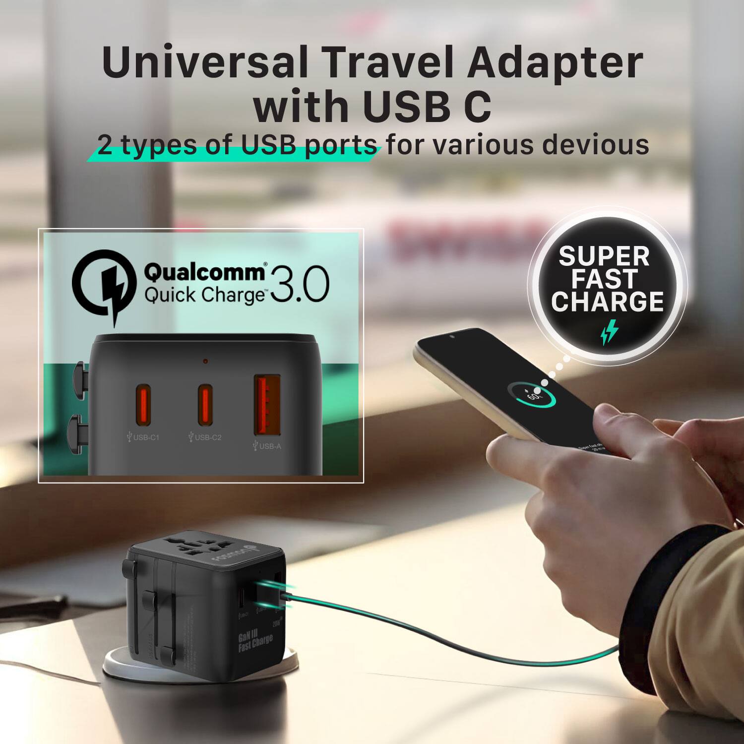 Universal Travel Adapter with USB C  
2 types of USB ports for various devices  

Qualcomm Quick Charge 3.0  

SUPER FAST CHARGE  

USB-C1  
USB-C2  
USB-A  

Can I Charge Fast