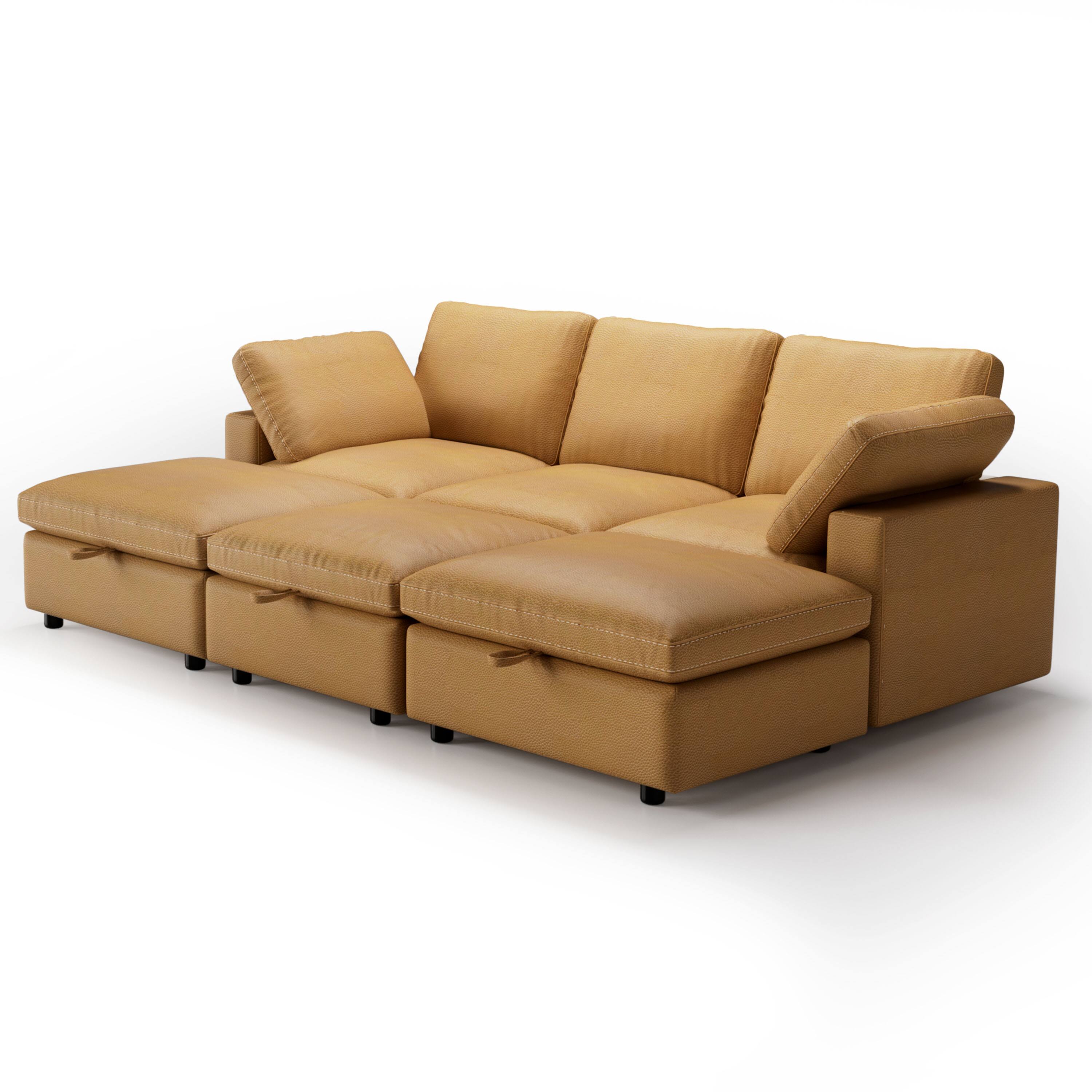 Alt View 4. Dyonery - Dyonery modern cat-scratch leather sofa, a three-seater sofa with three storage footrests, can be flexibly combined - Yellow.