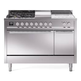 ILVE - Professional Plus II Series 48 in. Dual Fuel Range with 5 Sealed Burners + Griddle (Liquid Propane, Satin Trim) - Stainless Steel