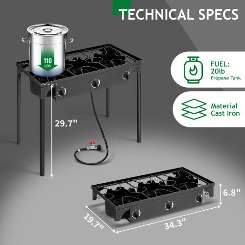 TECHNICAL SPECS

- WEIGHT: 110 LBS
- FUEL: 20lb Propane Tank
- MATERIAL: Cast Iron
- DIMENSIONS: 29.7" x 19.7" x 34.3" x 6.8"