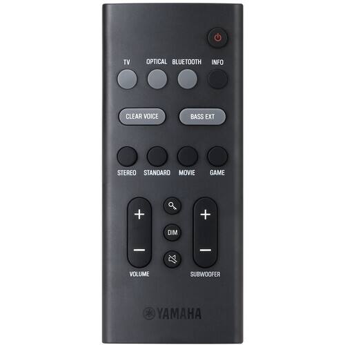 TV OPTICAL BLUETOOTH INFO CLEAR VOICE BASS EXT STEREO STANDARD MOVIE GAME + + DIM   VOLUME SUBWOOFER YAMAHA