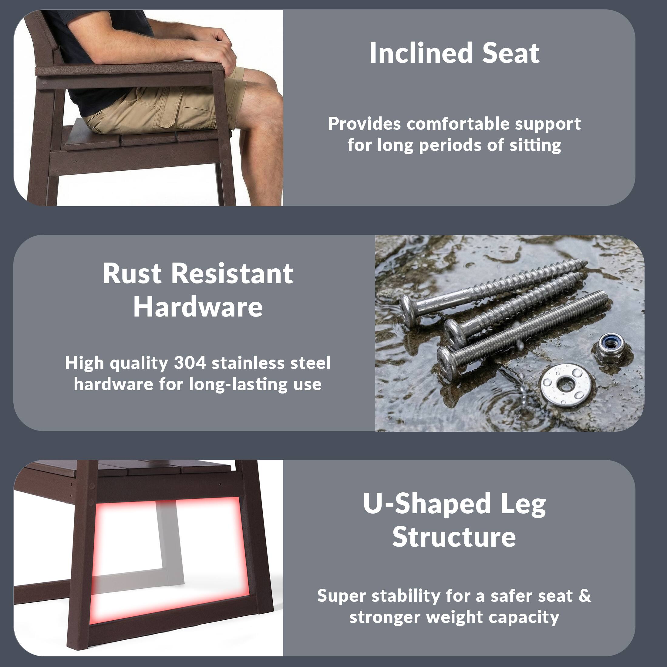 Inclined Seat  
Provides comfortable support for long periods of sitting  

Rust Resistant Hardware  
High quality 304 stainless steel hardware for long-lasting use  

U-Shaped Leg Structure  
Super stability for a safer seat & stronger weight capacity