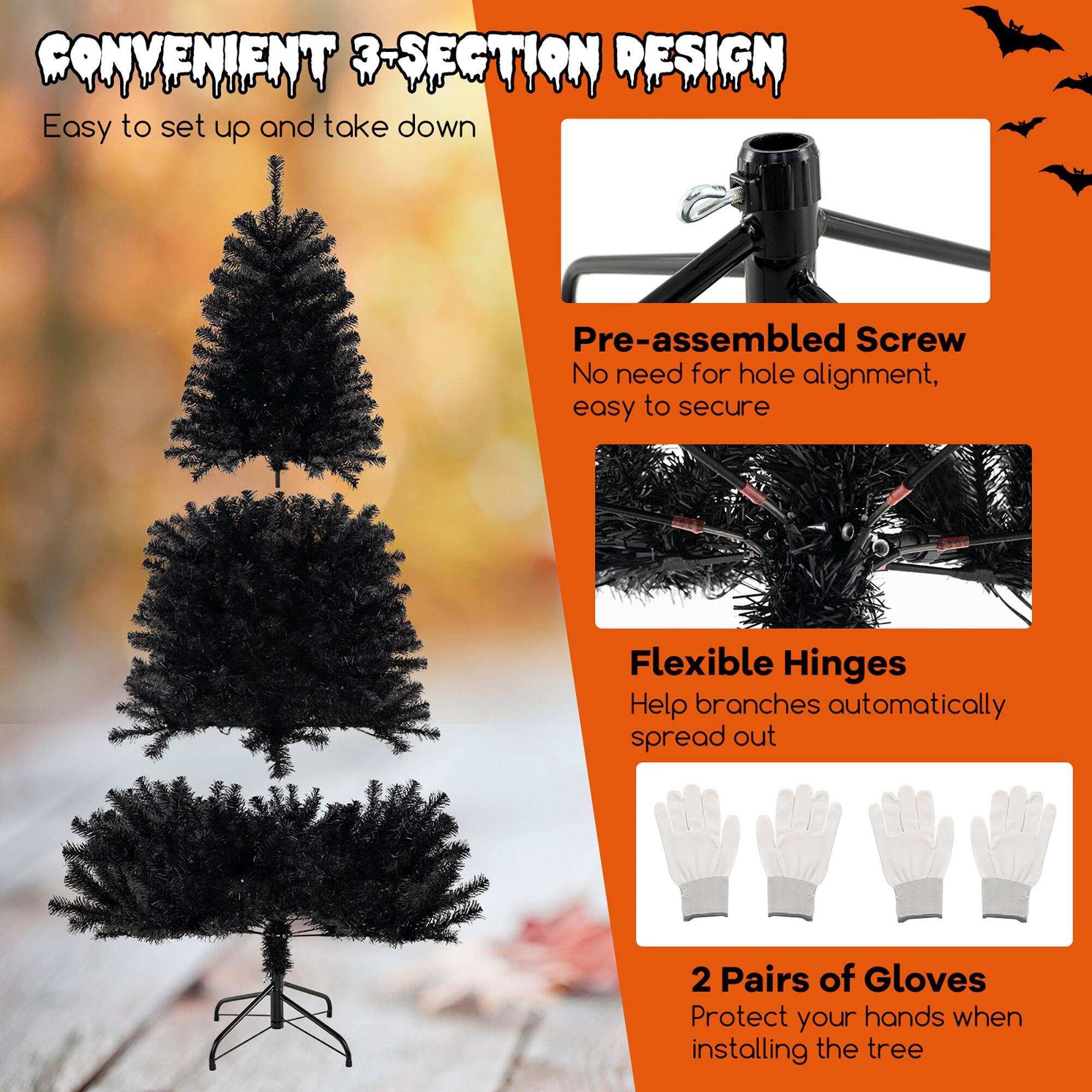 **CONVENIENT 3-SECTION DESIGN**  
Easy to set up and take down

- **Pre-assembled Screw**  
  No need for hole alignment, easy to secure

- **Flexible Hinges**  
  Help branches automatically spread out

- **2 Pairs of Gloves**  
  Protect your hands when installing the tree