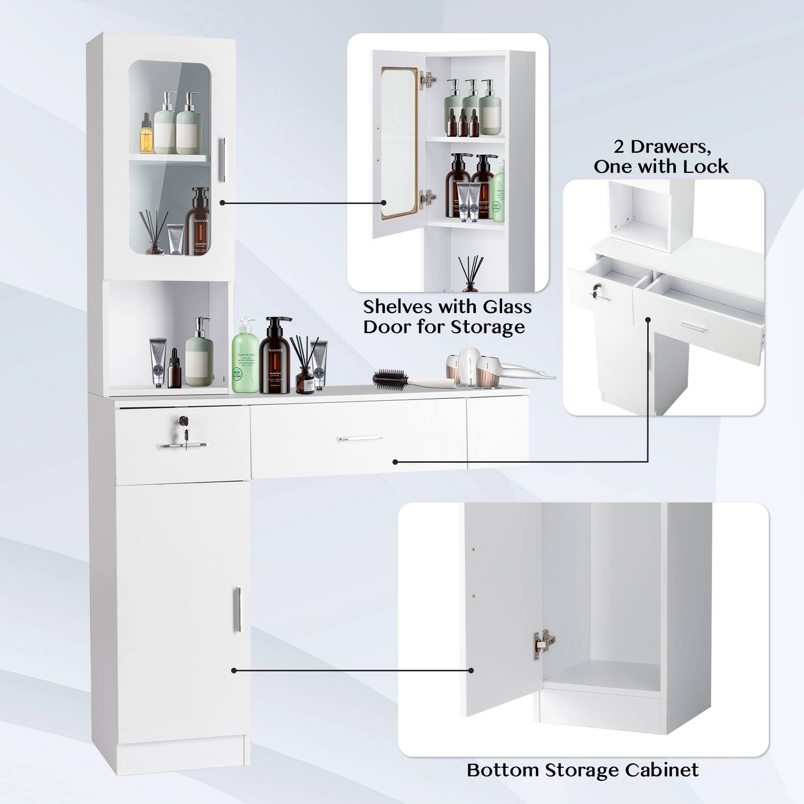 - 5 Drawers, One with Lock
- Shelves with Glass Door for Storage
- 2 Drawers, One with Lock
- Bottom Storage Cabinet