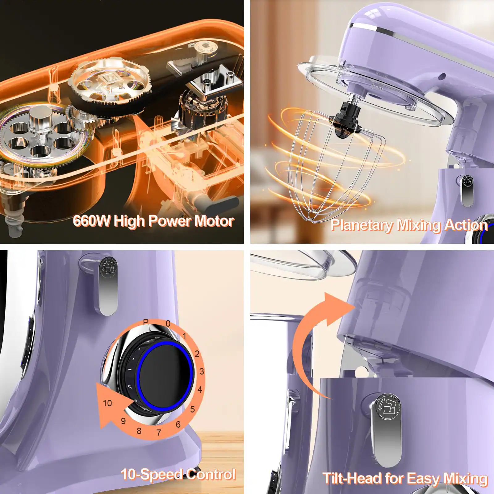 660W High Power Motor  
Planetary Mixing Action  
10-Speed Control  
Tilt-Head for Easy Mixing