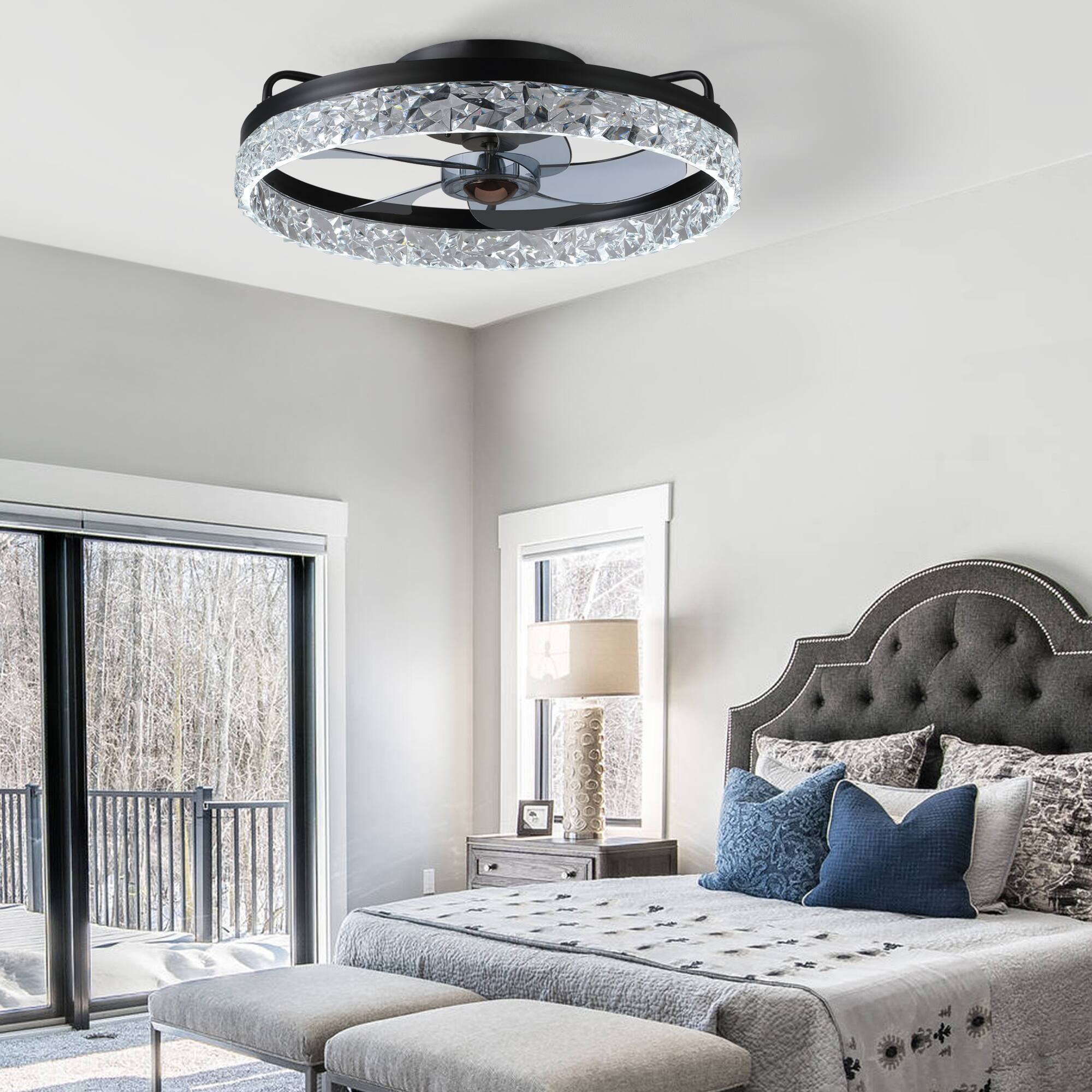 Angle. Siljoy - 20-22-inch Luxury Crystal Flush Mount Fan Light Dimmable Quiet for Bedroom and Living Room - BLACK.