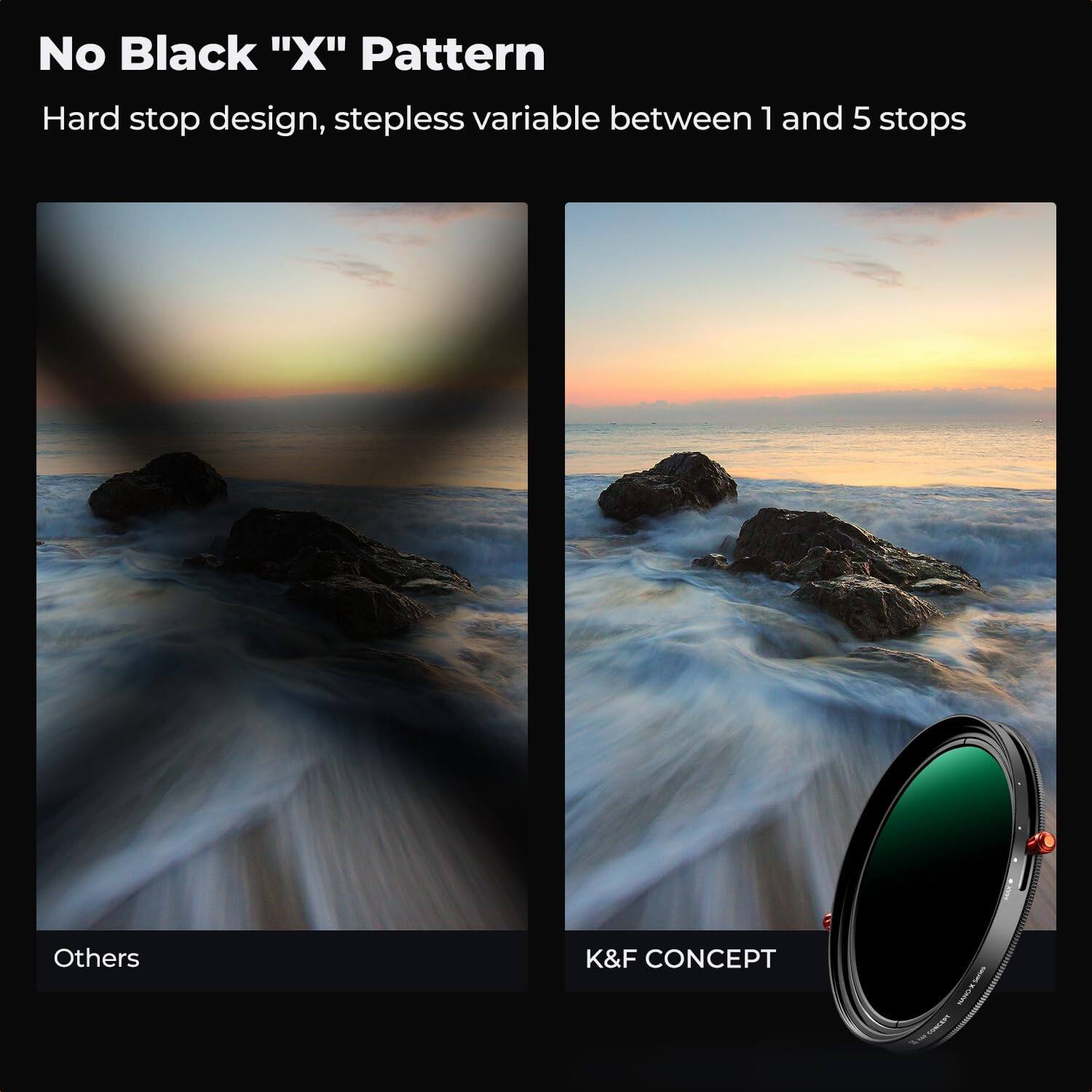 No Black "X" Pattern  
Hard stop design, stepless variable between 1 and 5 stops  

Others  

K&F CONCEPT