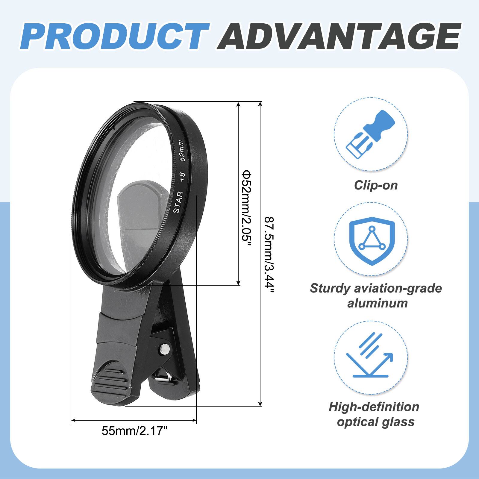 PRODUCT ADVANTAGE

- 52mm +8 STAR
- 52mm/2.05"
- 87.5mm/3.44"
- 55mm/2.17"

- Clip-on
- Sturdy aviation-grade aluminum
- High-definition optical glass