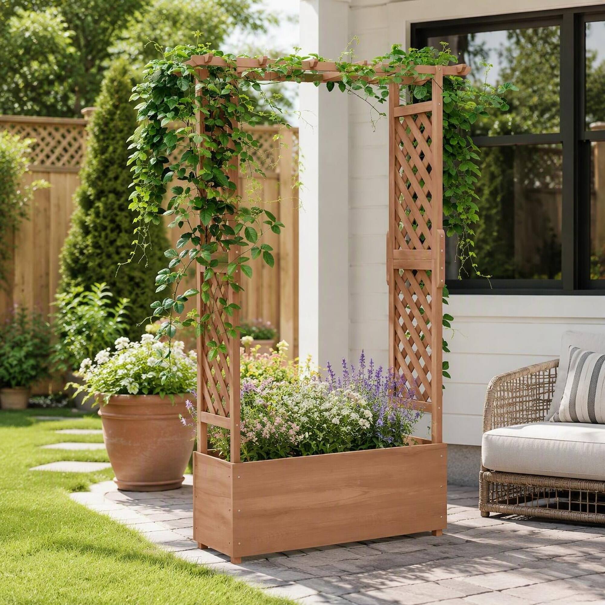 Left. RYHNUYNE - Raised Wooden Garden Planter with Arch Trellis for Climbing Plants and Hanging Flowers, 44 x 16.25 x 70.75 Inch - Brown.