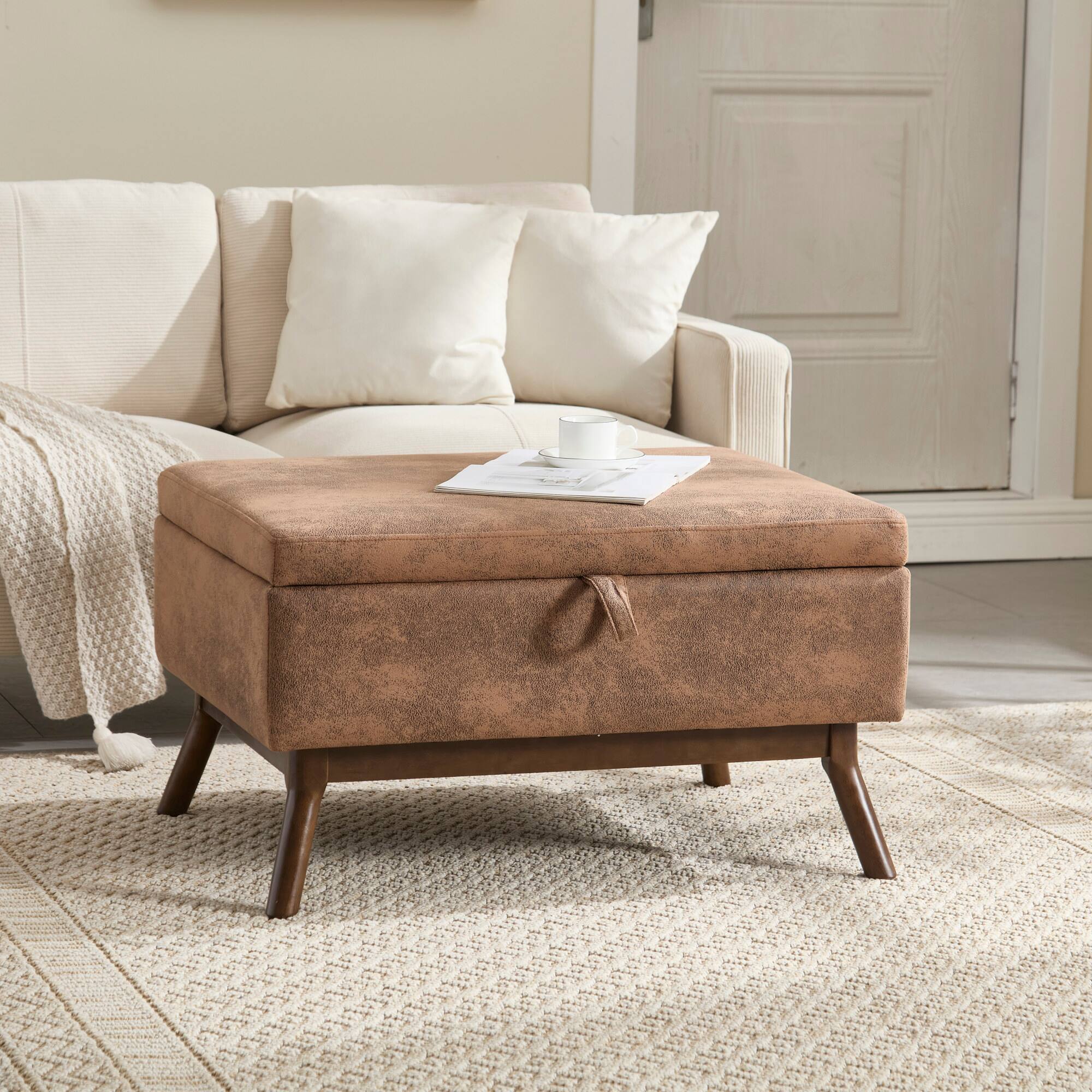 Alt View 6. GOODSILO - Mid-Century Modern Square Storage Ottoman Bench with Lift-Top Lid and Child Safety Hinge - Coffee.