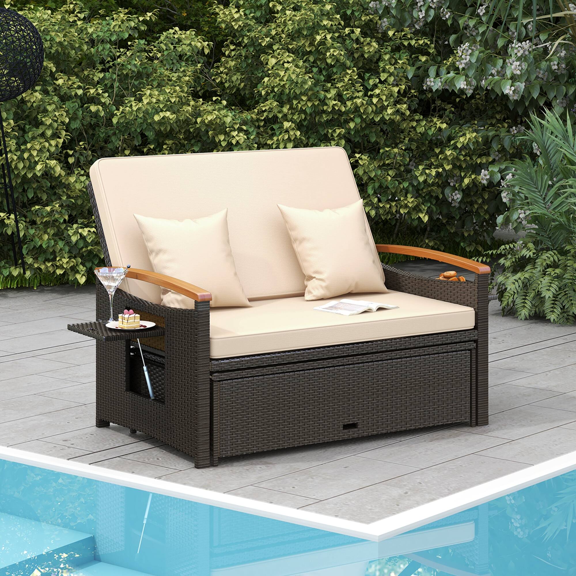 Alt View 1. Costway - Patio Rattan Daybed Set with Cushioned Loveseat & Storage Ottoman for Porch Beige - Beige + Mix Brown.