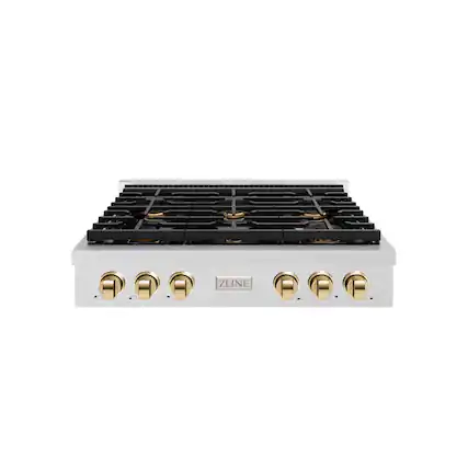 Front. ZLINE - 36 in. Wide 6 Burner AutographParamount Gas Rangetop with Gold Accents (SRTSZ-36-G) - Stainless Steel.