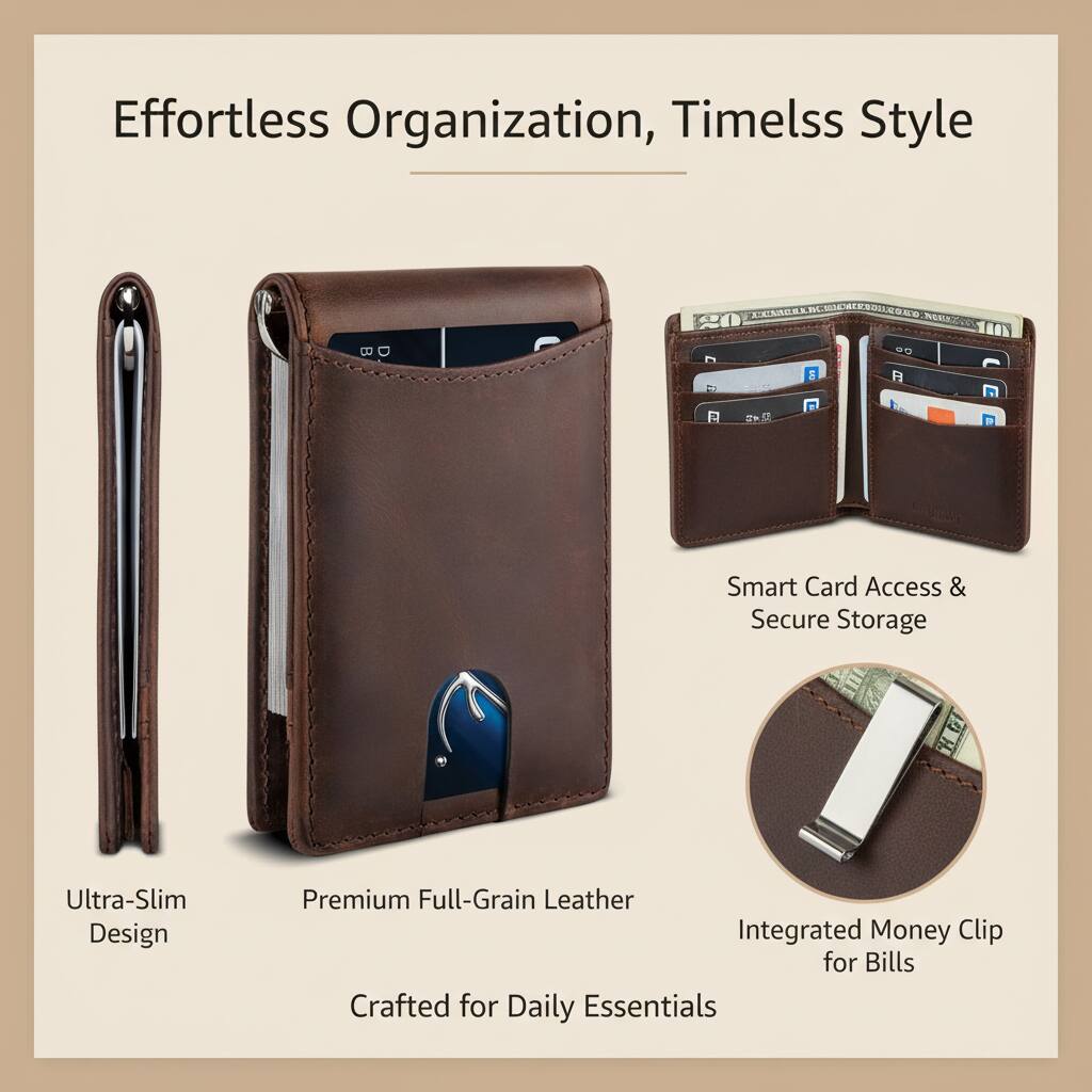 Effortless Organization, Timeless Style

- Ultra-Slim Design
- Premium Full-Grain Leather
- Smart Card Access & Secure Storage
- Integrated Money Clip for Bills
- Crafted for Daily Essentials