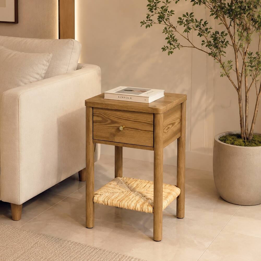 Left. Loheer - Loheer Walnut Nightstand Solid Wood End Table with Drawer Jute Shelf Rounded Edge Bedside Table for Bedroom Living Room - Walnut.
