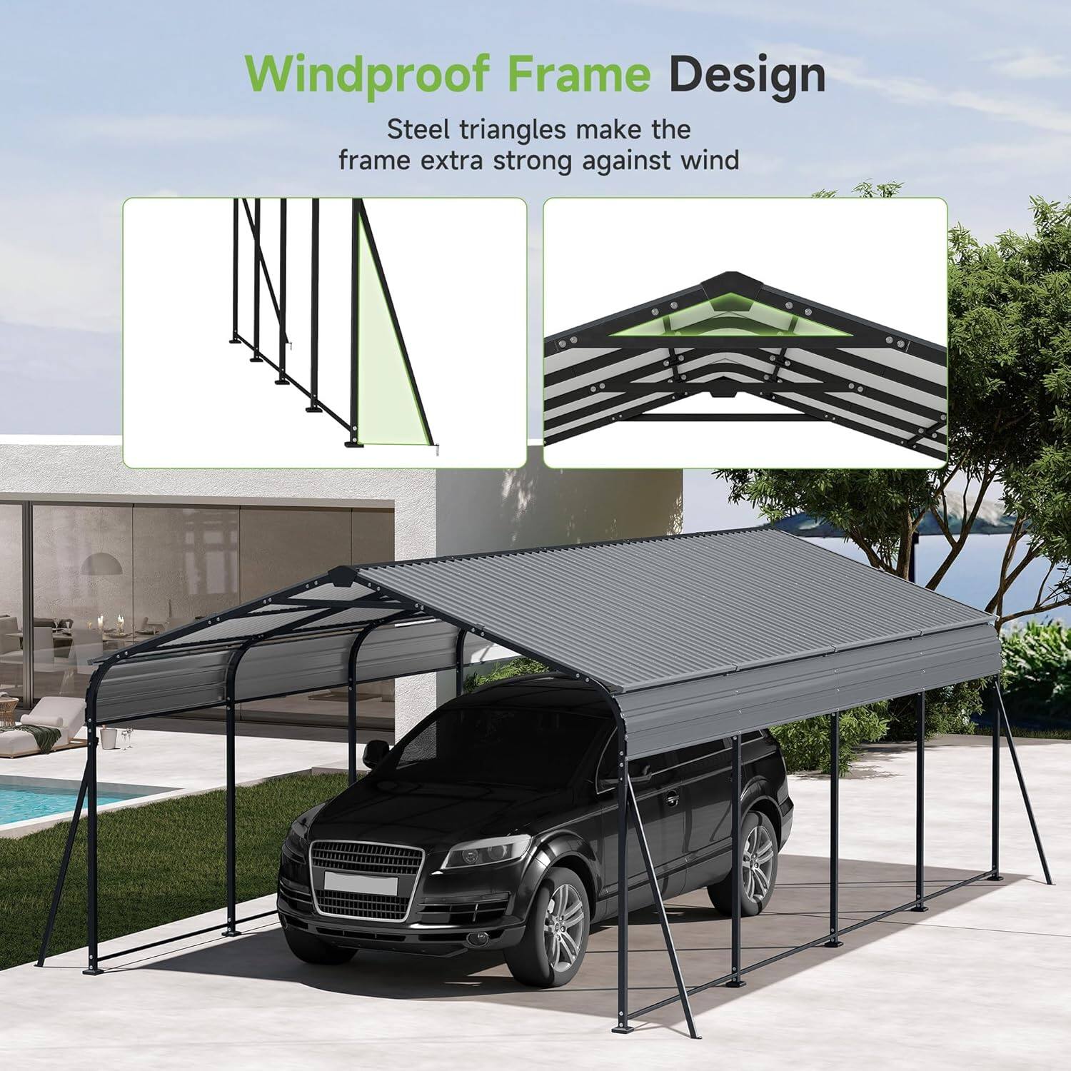 Windproof Frame Design  
Steel triangles make the frame extra strong against wind