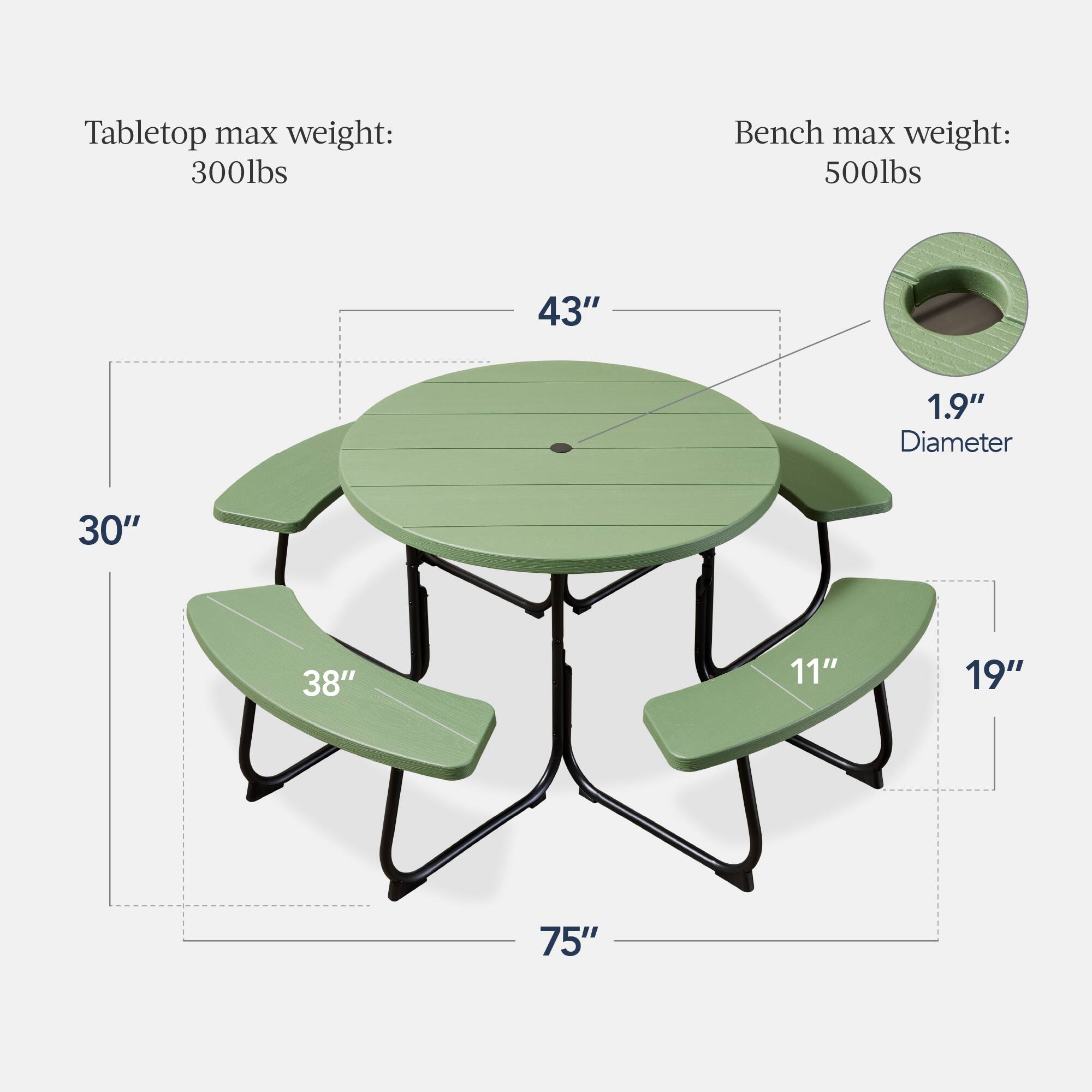 Tabletop max weight: 300lbs  
Bench max weight: 500lbs  

43"  
1.9" Diameter  
30"  
38"  
11"  
19"  
75"