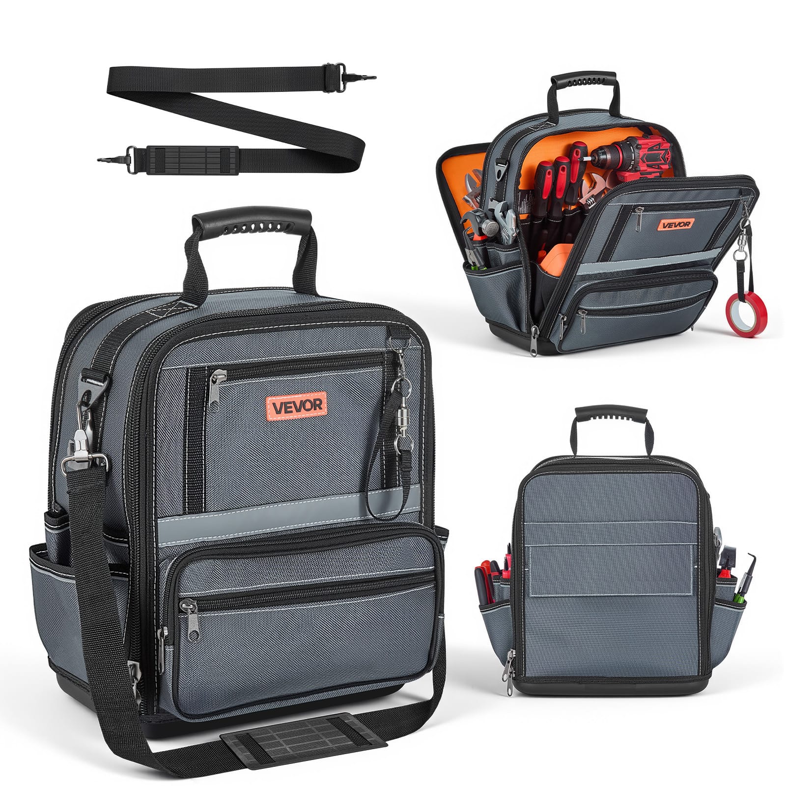 VEVOR - Tool Bag, 13.2 Inch, 34-Pocket Portable Large Tool Box Organizer Storage, Carry Toolbox with Hard Plastic Base - Grey;Orange