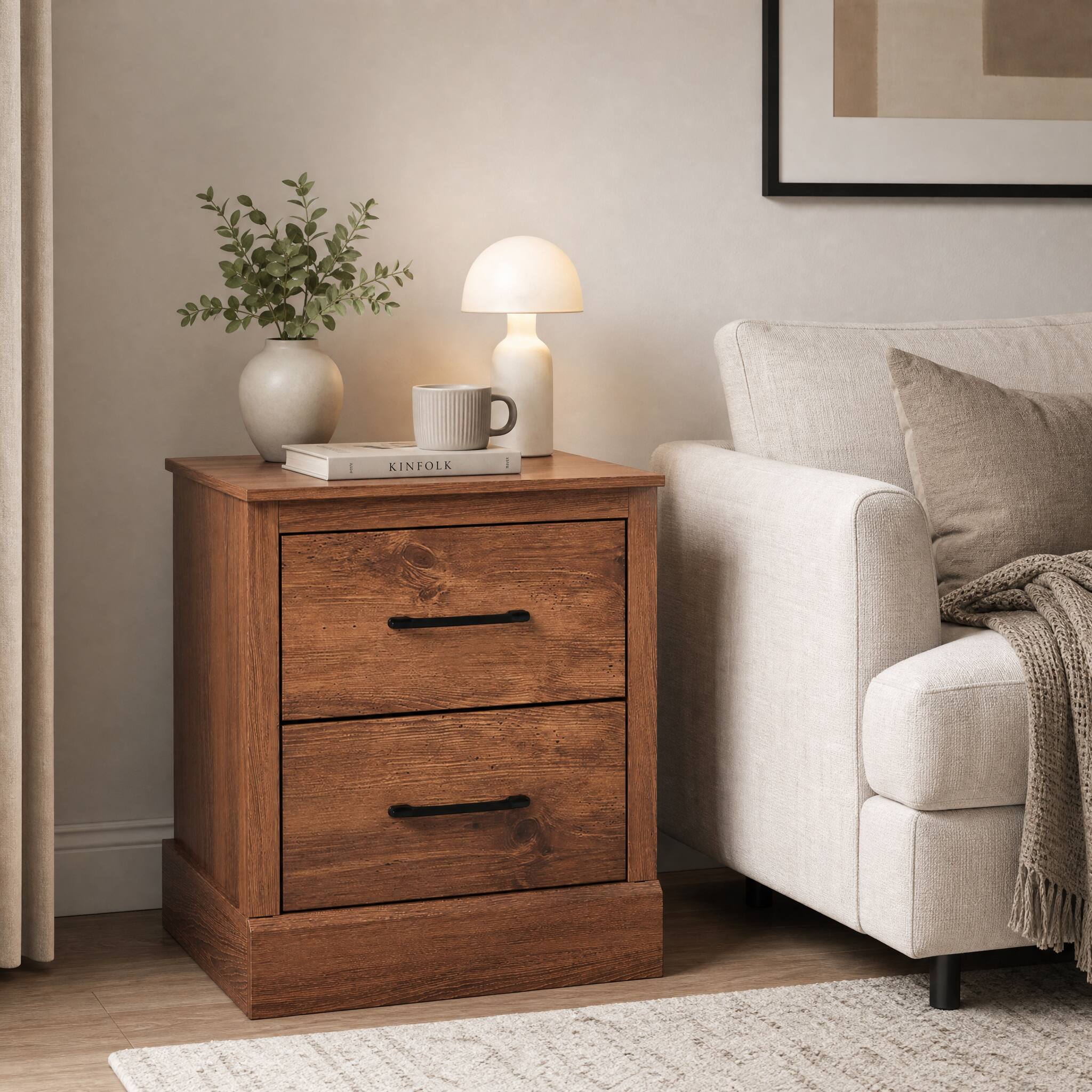 Alt View 3. WELLFOR - Wood Compact Floor Nightstand with Storage Drawers - Rustic Brown.