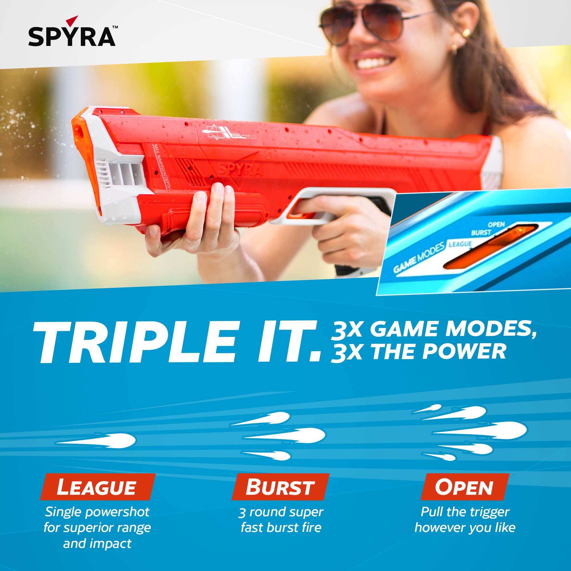 - SPYRA
- SPYRA OPEN BURST LEAGUE MODES GAME 3X GAME MODES, TRIPLE IT. 3X THE POWER LEAGUE Single powershot for superior range and impact BURST 3 round super fast burst fire OPEN Pull the trigger however you like

- SPYRA™
- TRIPLE IT. 3X GAME MODES, 3X THE POWER
- LEAGUE: Single powershot for superior range and impact
- BURST: 3 round super fast burst fire
- OPEN: Pull the trigger however you like