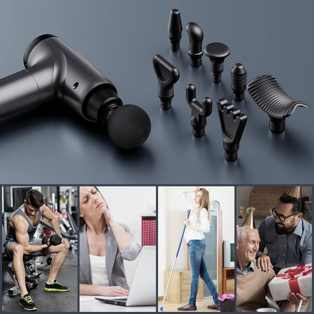 Back. Schertz - Deep-Tissue Massage Gun, Handheld Electric Percussion with 9 Heads & 30 Speeds, Grey.