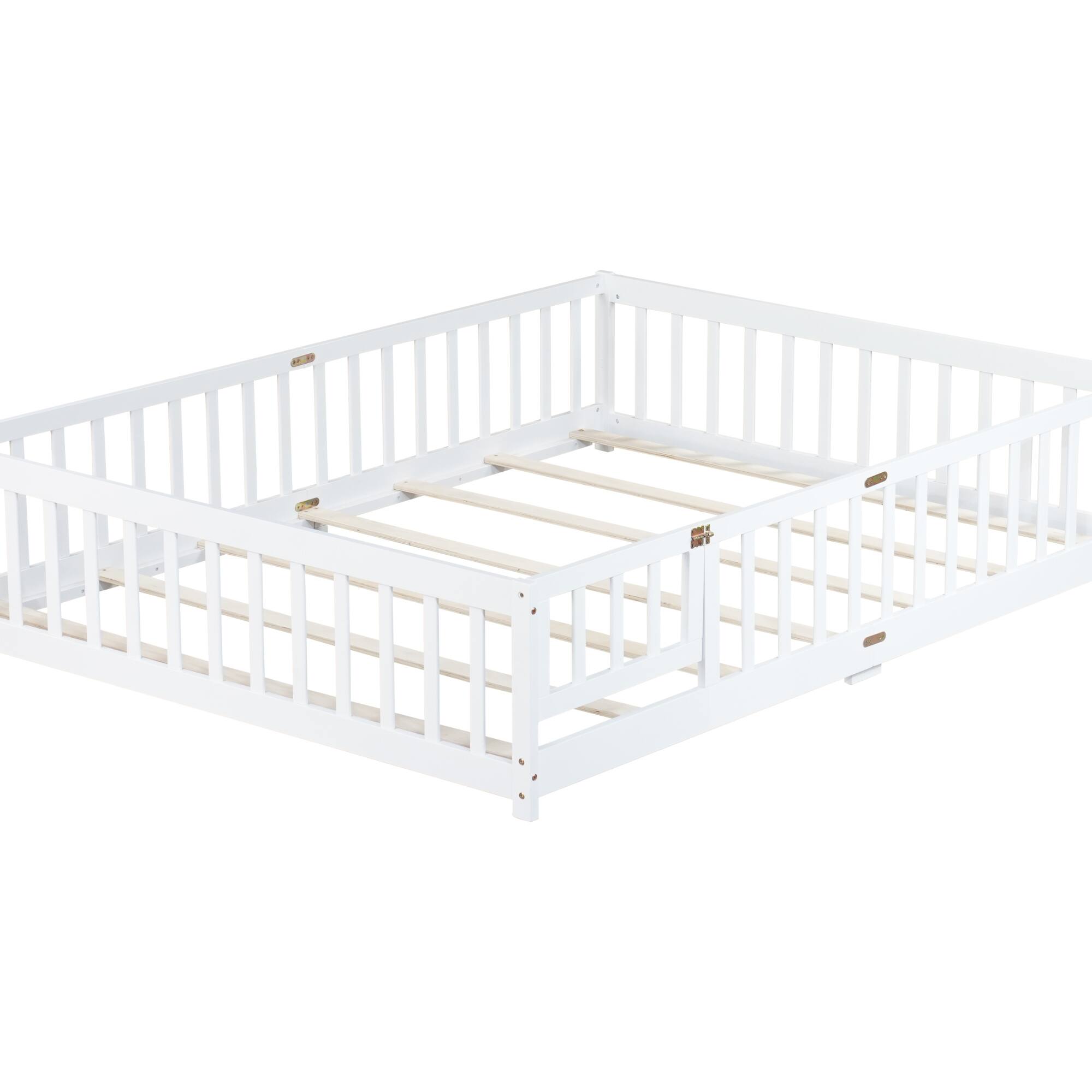 Alt View 6. GOODSILO - Queen Size Low-Profile Platform Bed with Safety Guardrails and Entry Door for Secure Sleeping Space - White.
