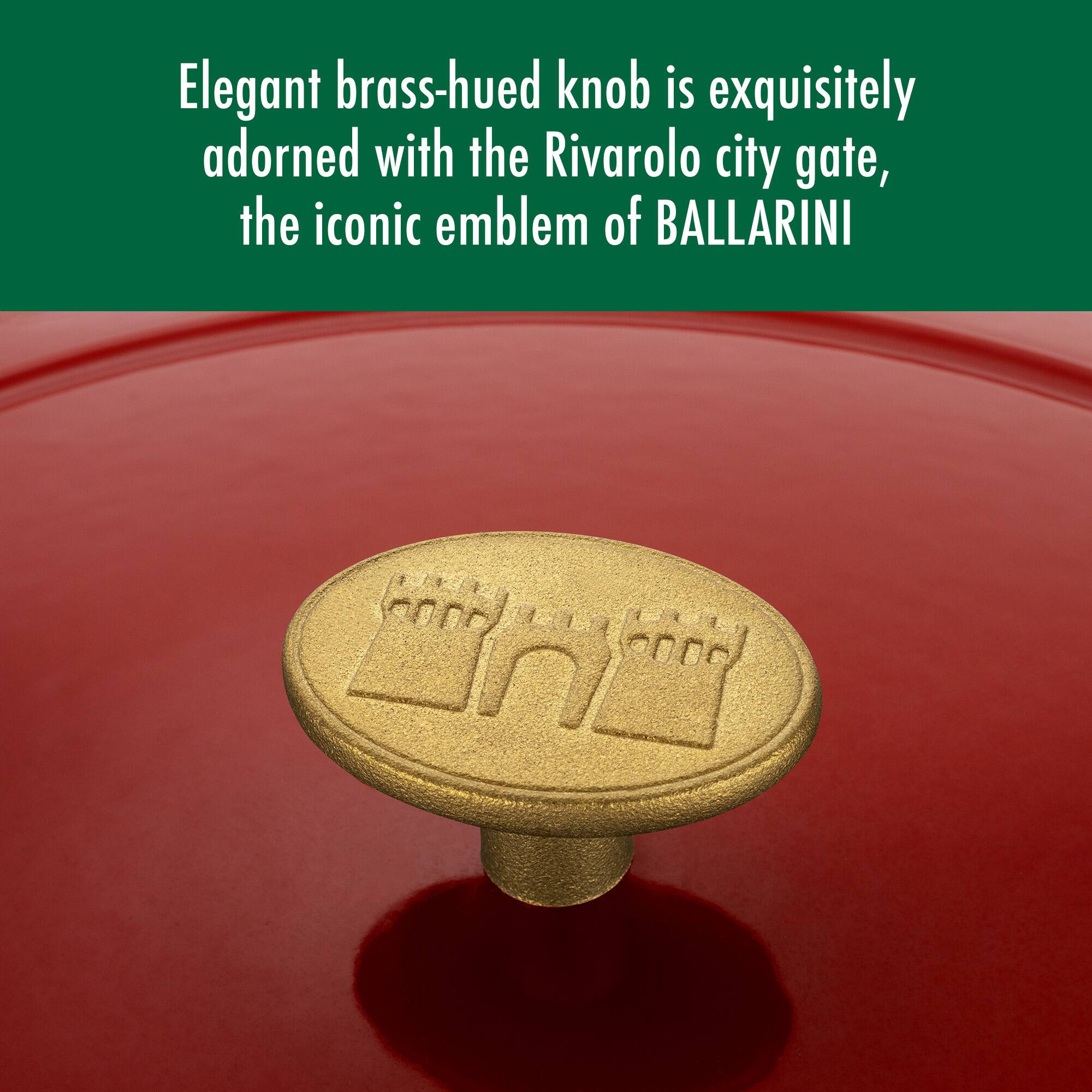 Elegant brass-hued knob is exquisitely adorned with the Rivarolo city gate, the iconic emblem of BALLARINI