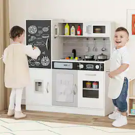 Gymax - Play Kitchen Toy Set w/ Chalkboard Oven Sink Curtain Microwave Water Dispenser - White