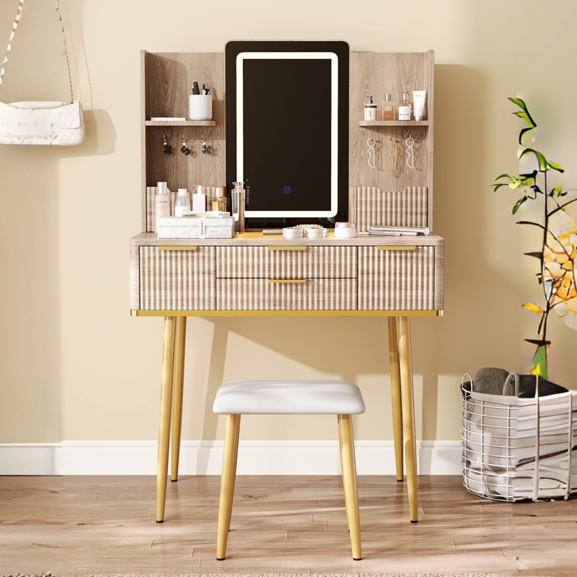 Front. GOODSILO - Elegant Fluted Vanity Desk with LED Mirror and Jewelry Storage, Modern Dressing Table with Comfortable Stool - Yellow Brown.